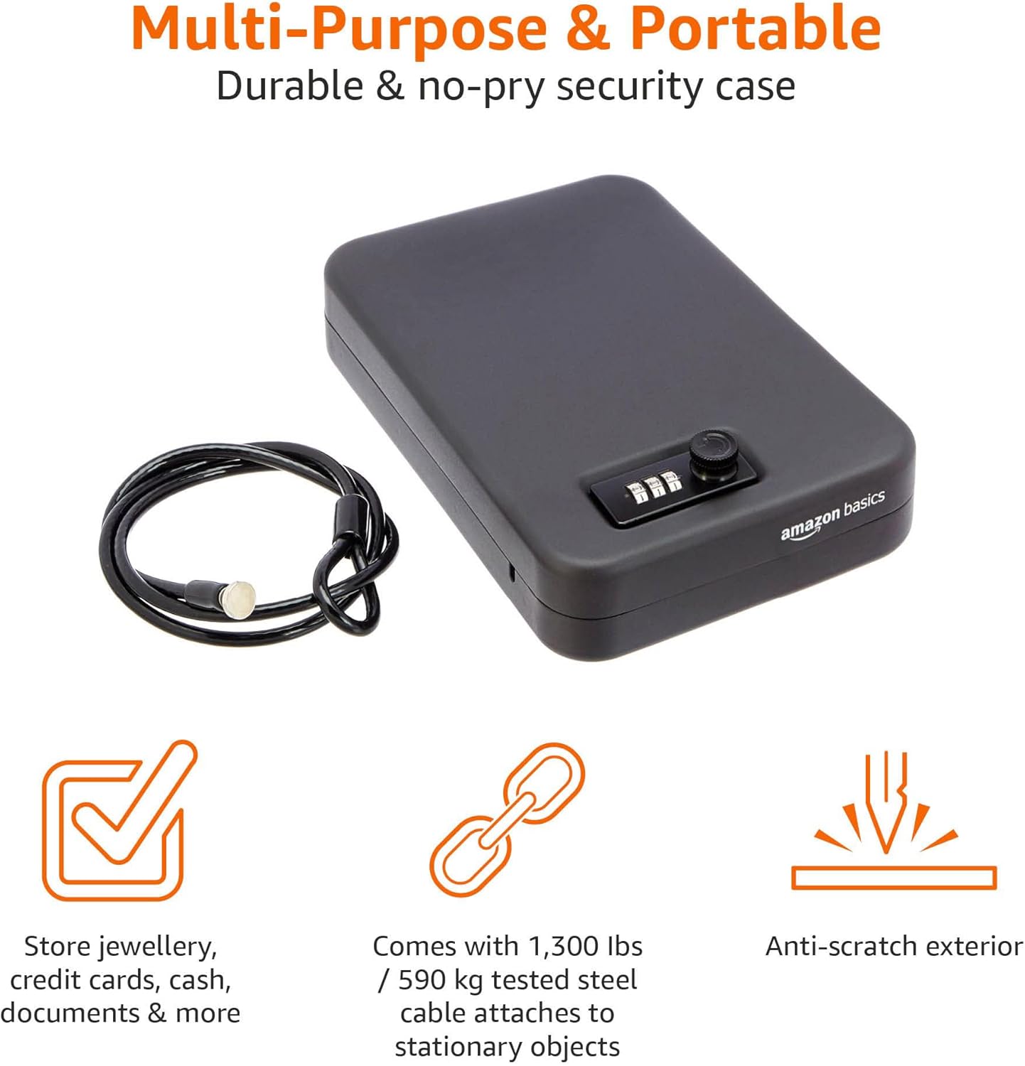 Detalle de Amazon Basics Portable Security Lock Box Safe with Combination Lock for Documents and Jewelry, Large, Black