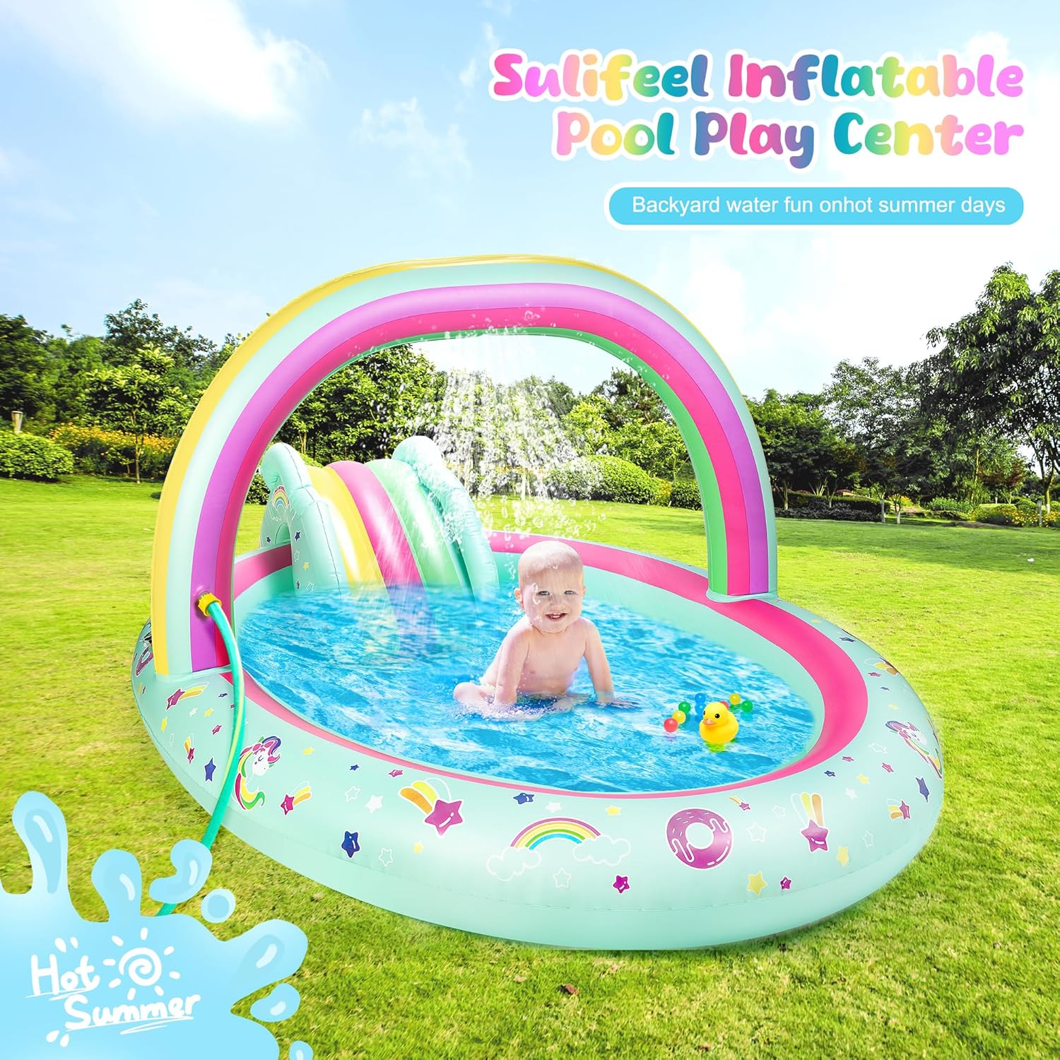 Detalle 2 de SULIFEEL Rainbow Unicorn Inflatable Play Center: 96'' x 59'' x 39'' Kiddie Pool with Slide and Sprinkler