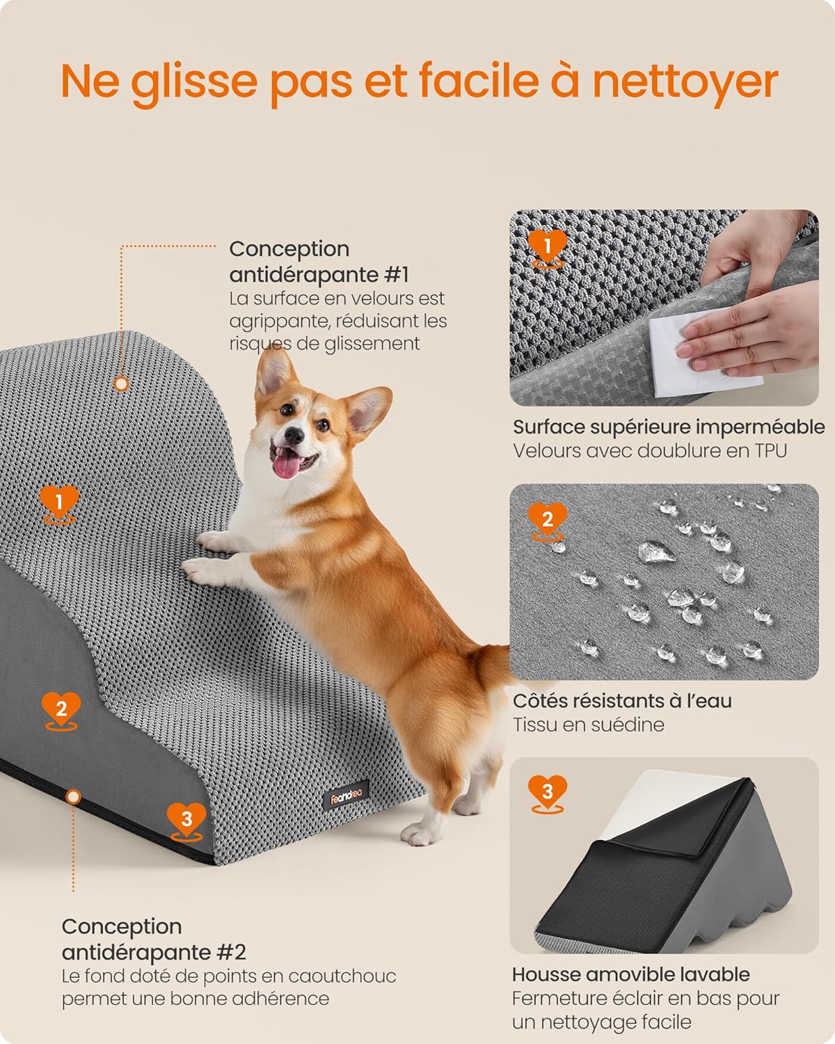 Thumbnail 4 de Feandrea Escalier pour chien à 3 marches en velours gaufré PPS013GD01, housse imperméable amovible lavable