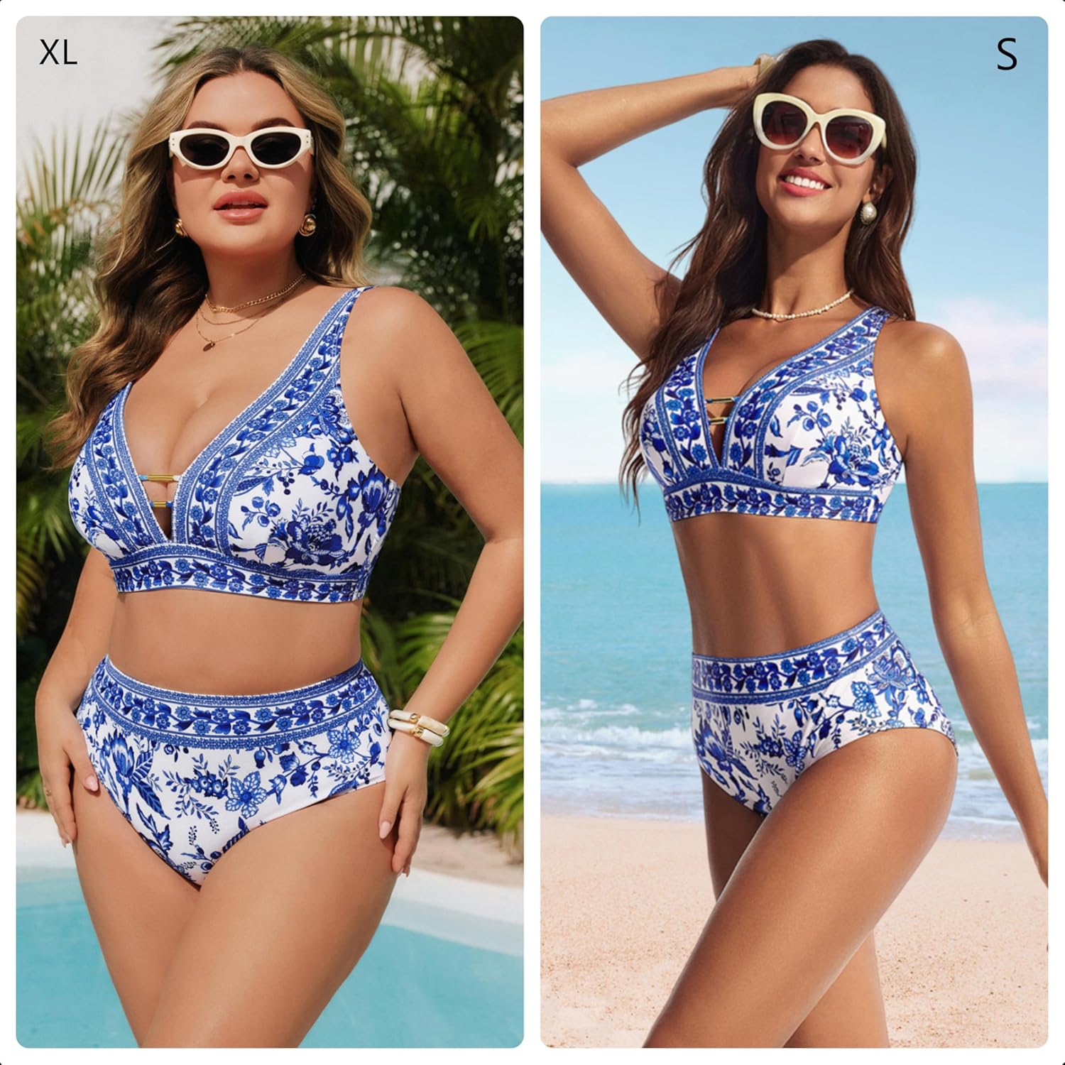 Detalle de Hanna Nikole Women’s High Waisted Bikini Set (Floral Print) with V-Neck & Cutouts, 2-Piece