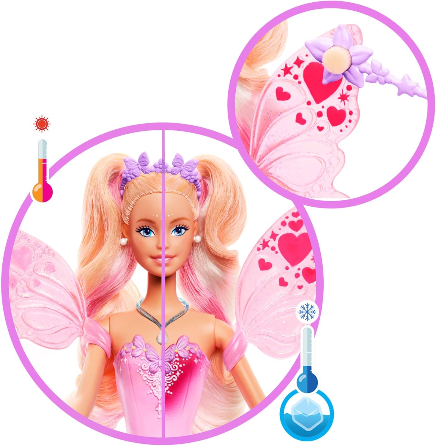 Detalle de Barbie Hada JCP76 con varita y accesorios de moda: fantasía con cambio de color en alas y conjunto