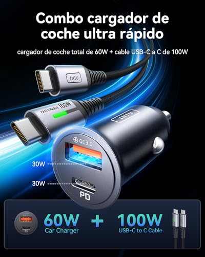 Thumbnail 1 de INIU Cargador de Coche 60W con USB-C 30W + USB-A 30W y Cable 100W (1 m) – Carga Rápida PD/QC3.0