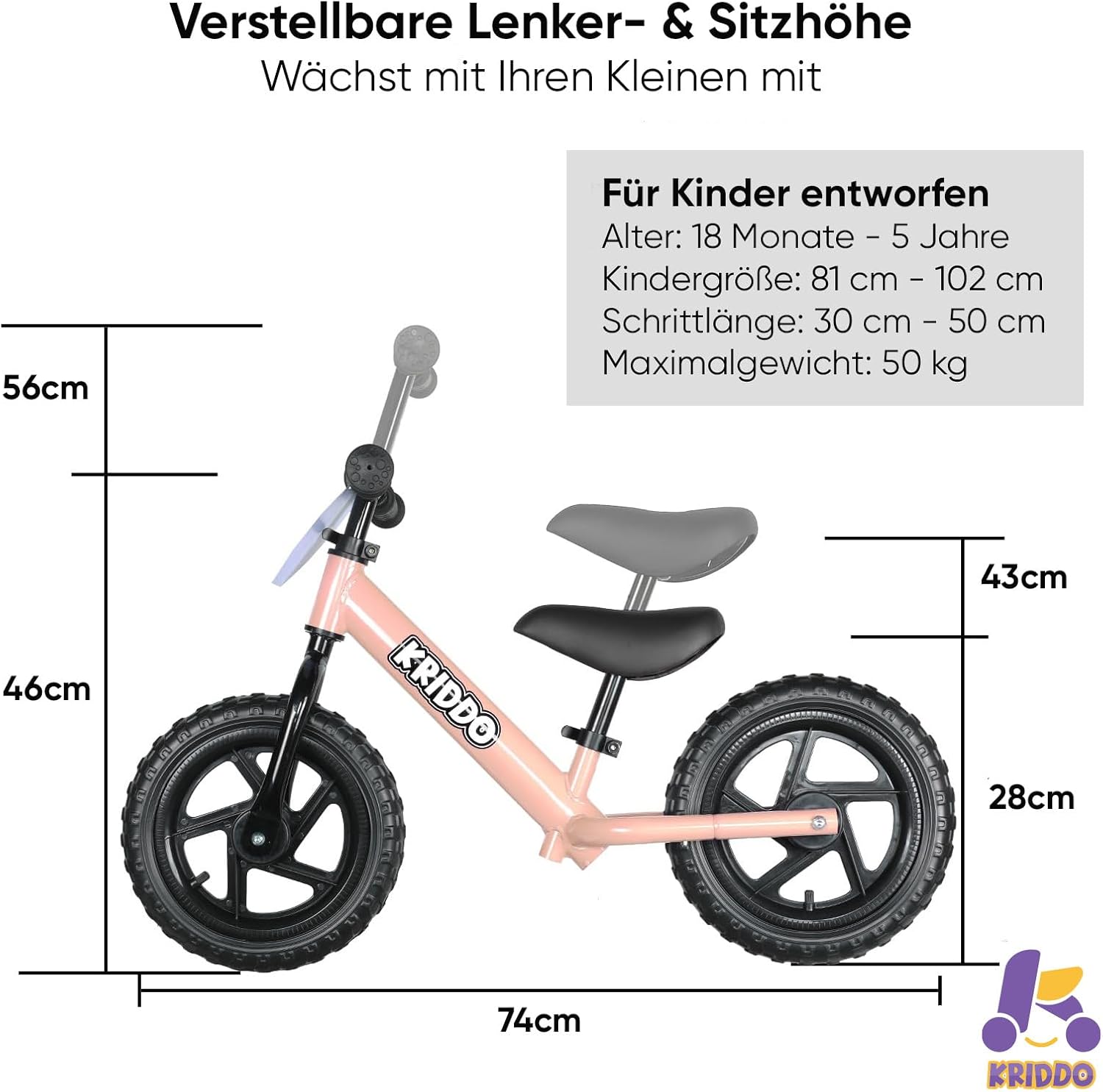 Thumbnail 4 de KRIDDO Kinder-Laufrad ab 2 Jahren (12 Zoll) mit individualisierbarem Schild – Lauflernrad für 18 Monate bis 5 Jahre