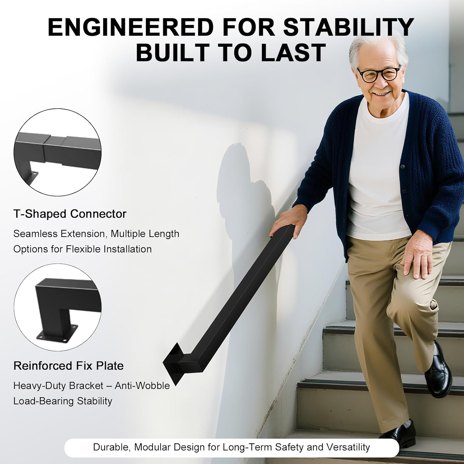 Detalle 2 de VZNEK FGFS 5FT Stair Handrail, Black Iron, Wall-Mounted, 500 lb Capacity