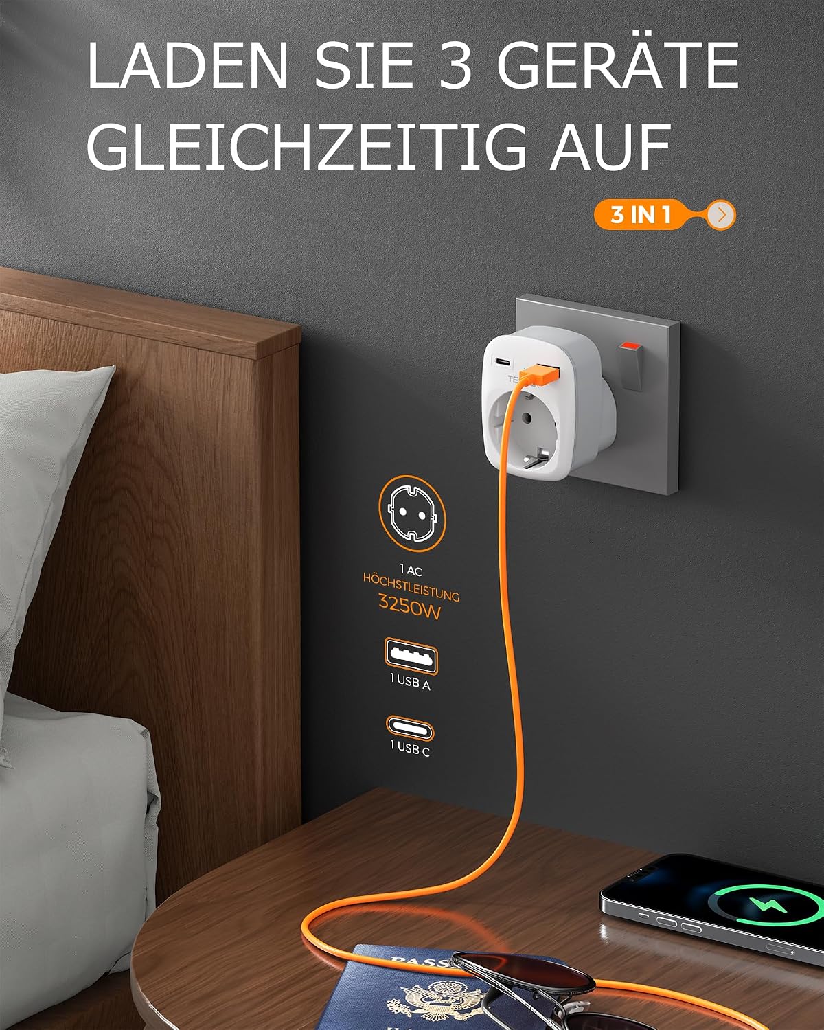 Detalle 2 de TESSAN 2er Pack Reiseadapter England Deutschland – 3-in-1 UK Stecker mit USB-C und USB-A, 3250 W, kompakt