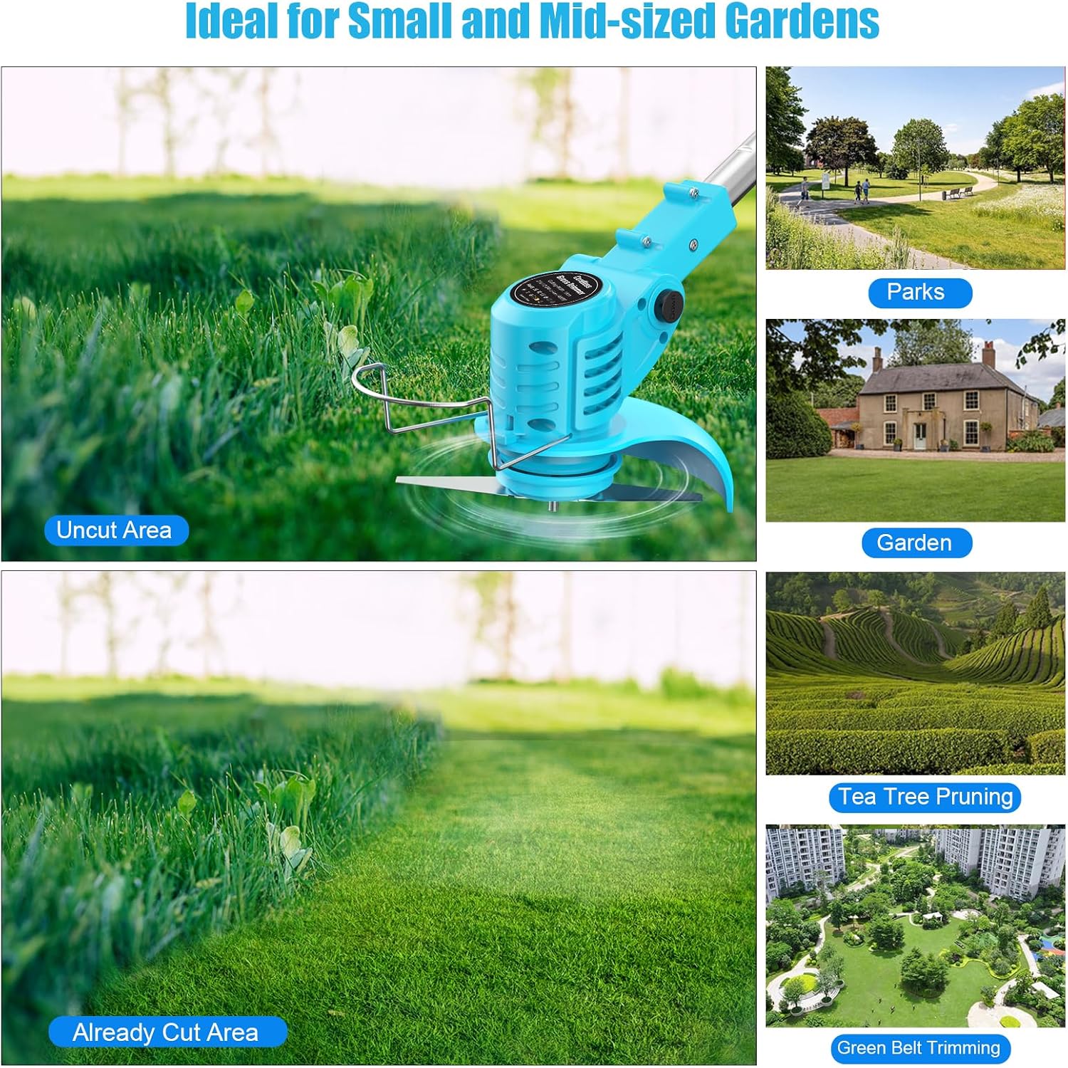 Thumbnail 6 de Cordless Strimmer 21V with 2 Batteries – Garden Trimmer with 2 Metal Blades, Pruning Shears and Adjustable Pole (Blue)