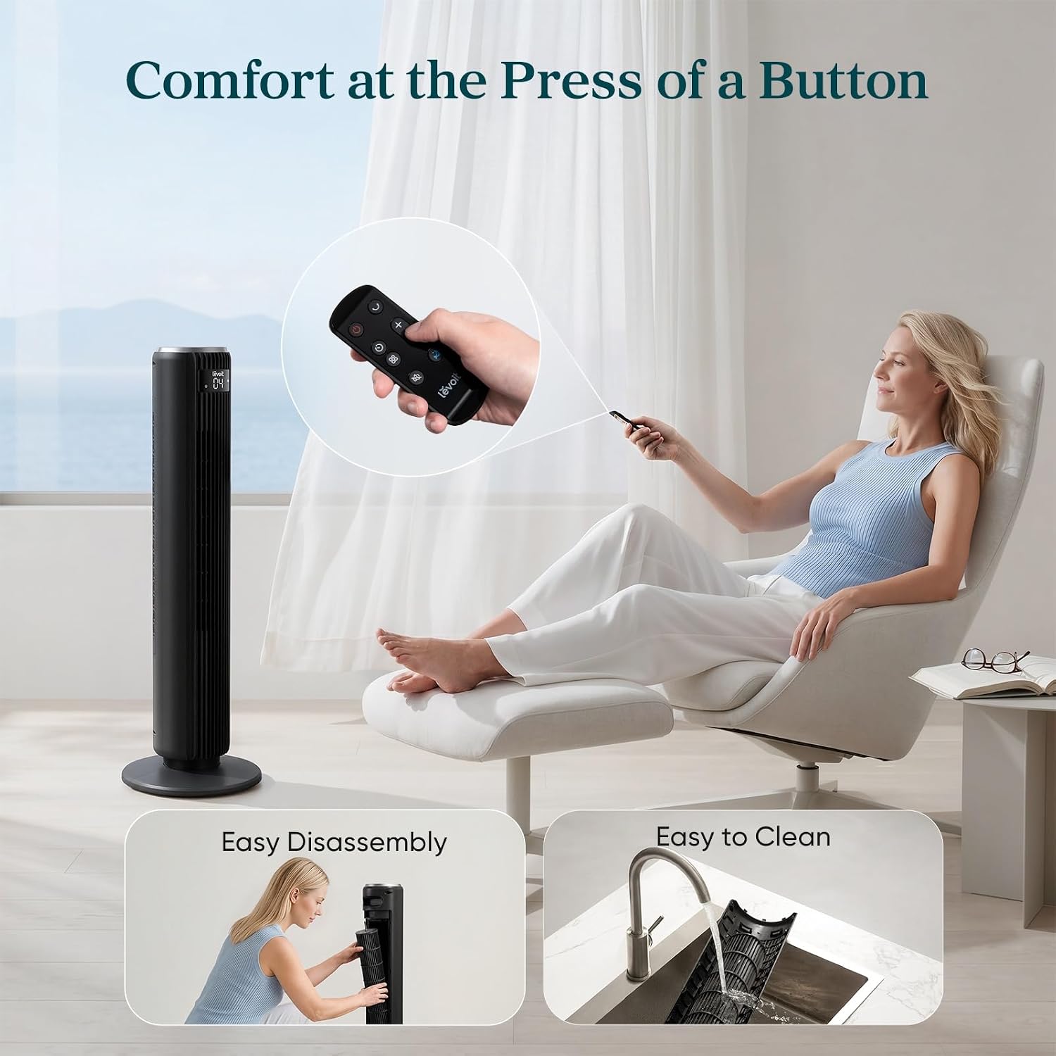 Thumbnail 6 de Levoit Classic 36-Inch Tower Fan for Bedroom: Quiet, Auto-Adjusting Cooling with Remote