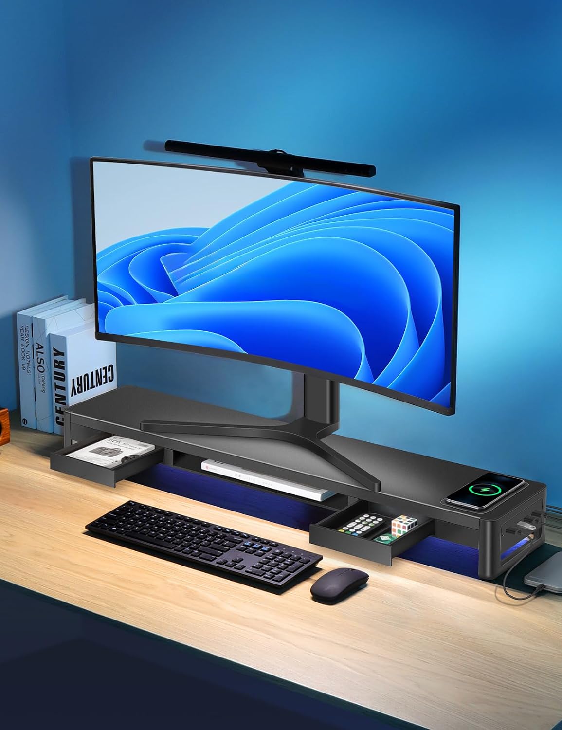 Thumbnail 6 de meatanty Dual Monitor Stand Riser, 38.7-Inch Metal Desk Organizer with Drawers and USB Ports