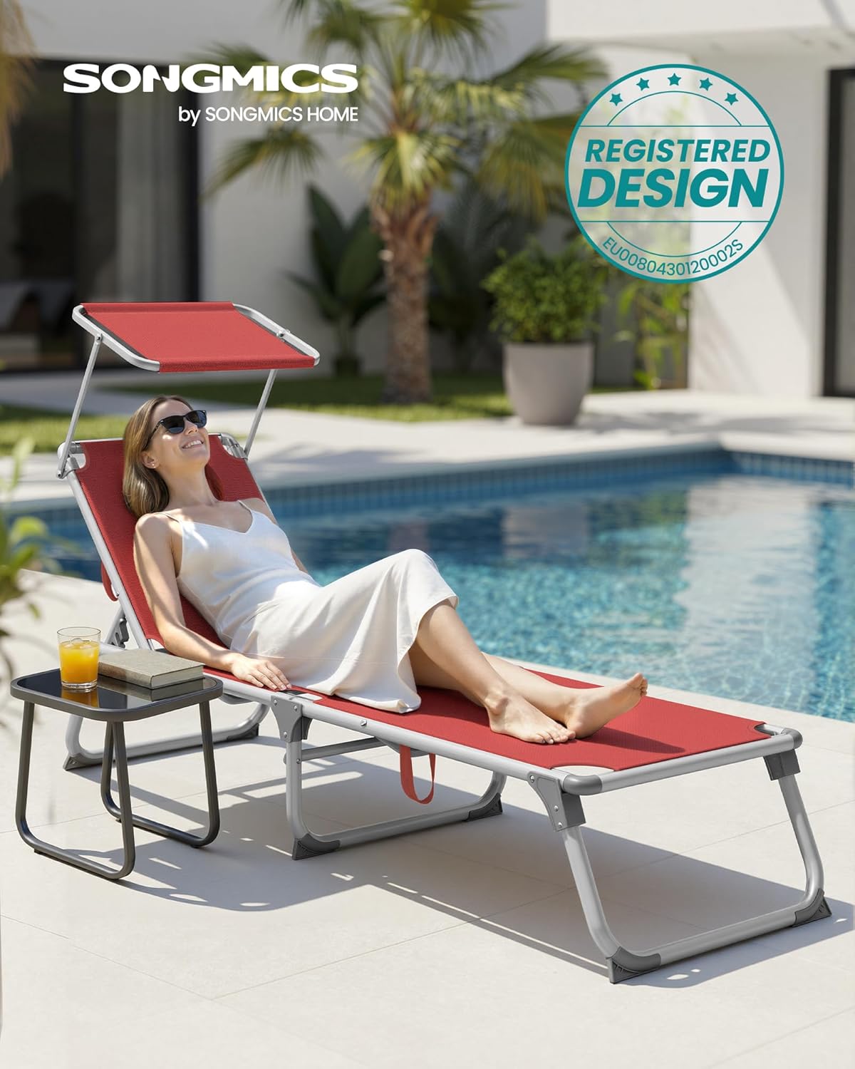 Detalle de SONGMICS Bain de Soleil pliable GCB19RD : transat rouge avec pare-soleil et dossier inclinable