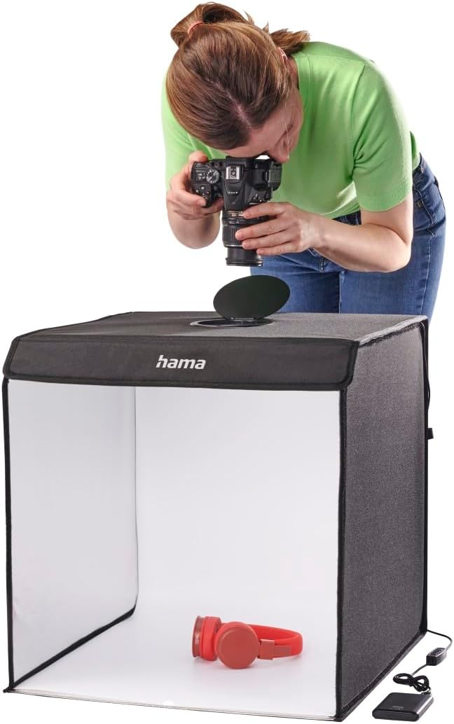 Detalle 2 de Hama Fotobox 50x50 cm (mobiles Mini-Fotostudio) mit LED-Ringlicht, faltbar, für Produktfotografie & Greenscreen – weiß