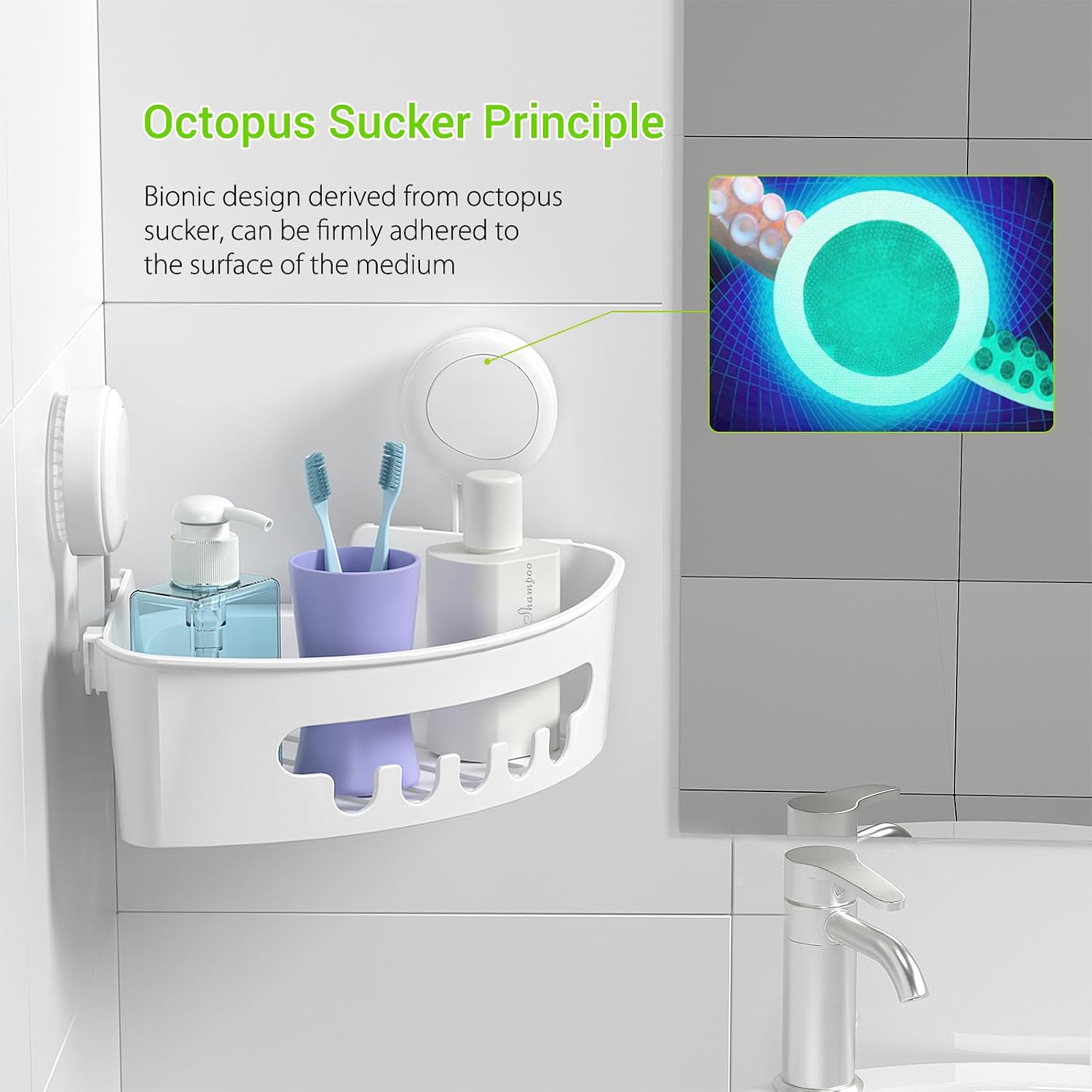 Detalle de ilikable Corner Shower Caddy Vacuum Suction Cup Organizer (Milky White) – No Drilling, Removable Shelf with Hooks