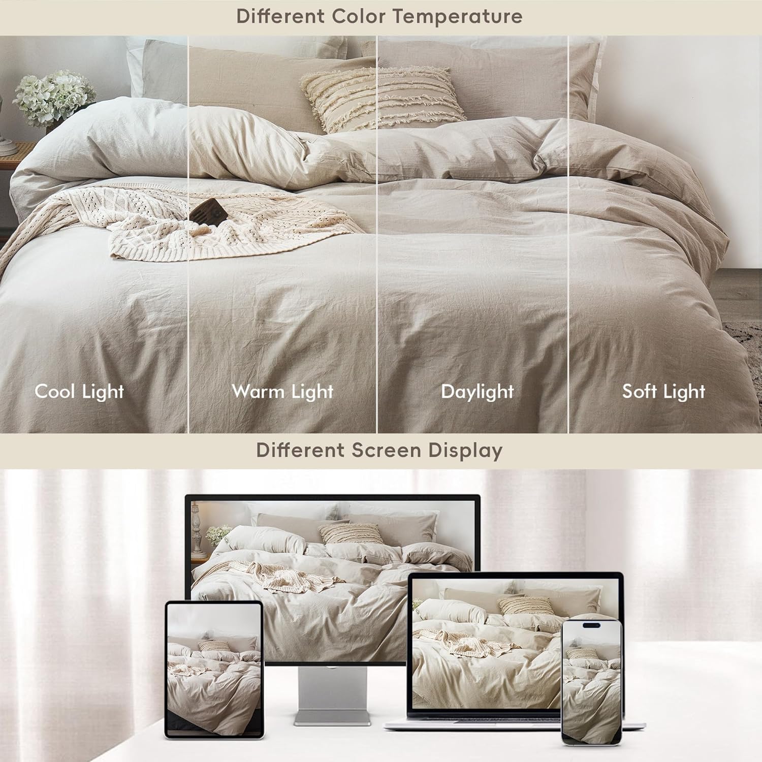 Thumbnail 6 de MooMee Bedding Washed Cotton Duvet Cover Set (Queen) — Heathered Tannish Linen Grey, Soft & Breathable