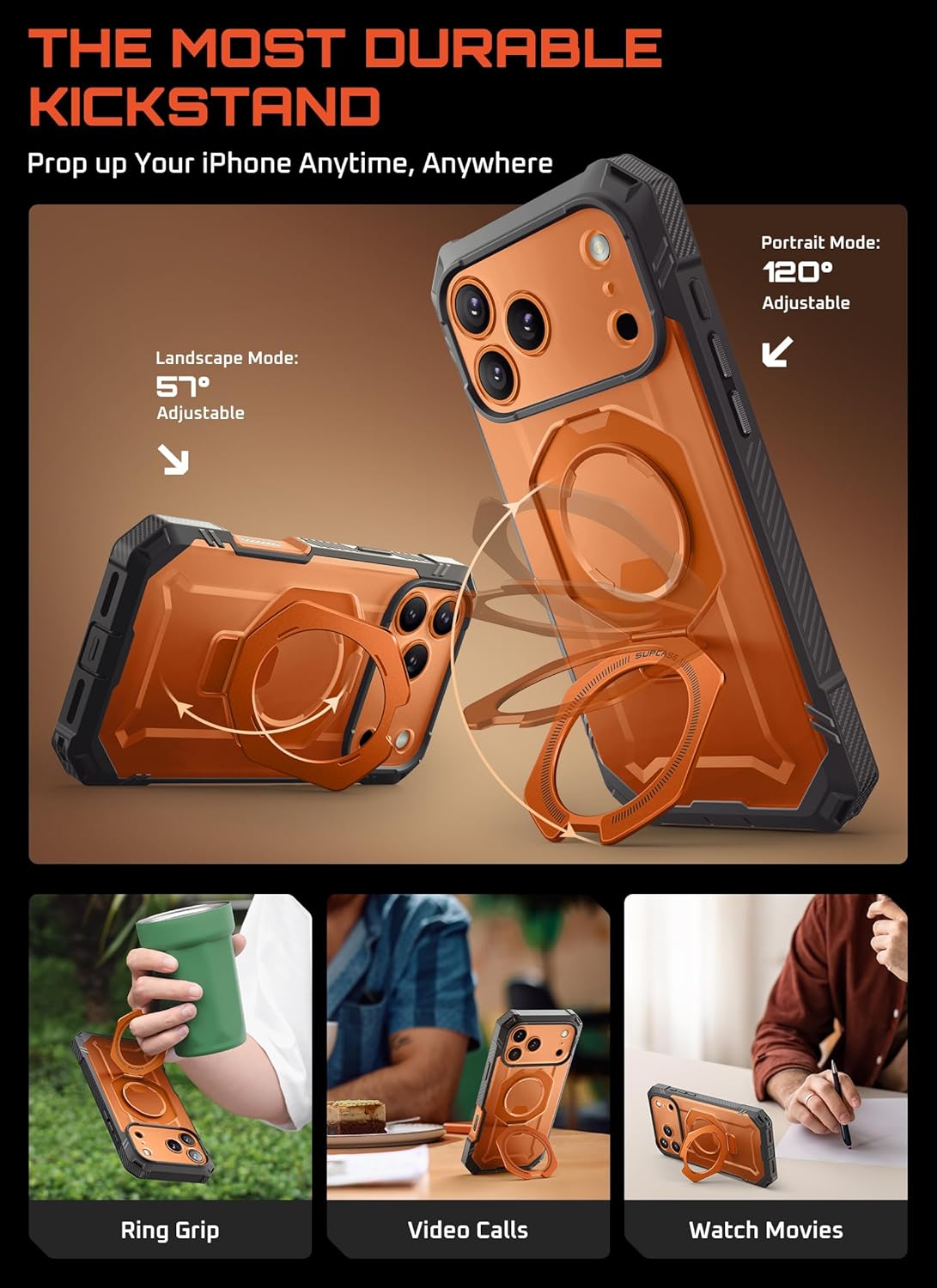 Thumbnail 3 de SUPCASE UBGrip Pro for iPhone 17 Pro Max Case with Built-in Tempered Glass, Kickstand, MagSafe, and Camera Cover (Coral)