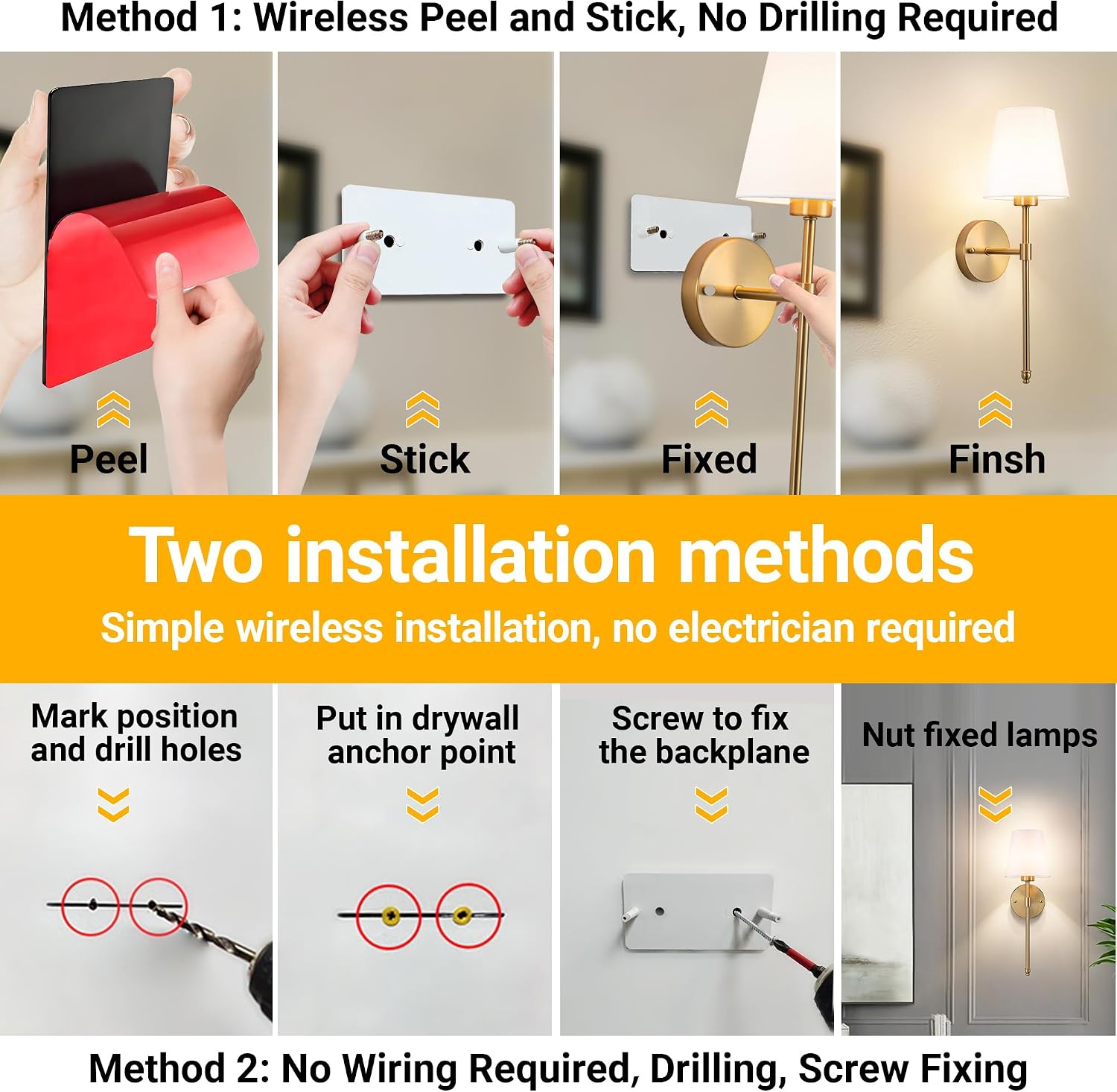Detalle de Vimhou Peel and Stick Wall Sconces (Set of 2) — Battery-Powered, No-Drill LED Wall Lamps with Magnetic Corn Bulbs