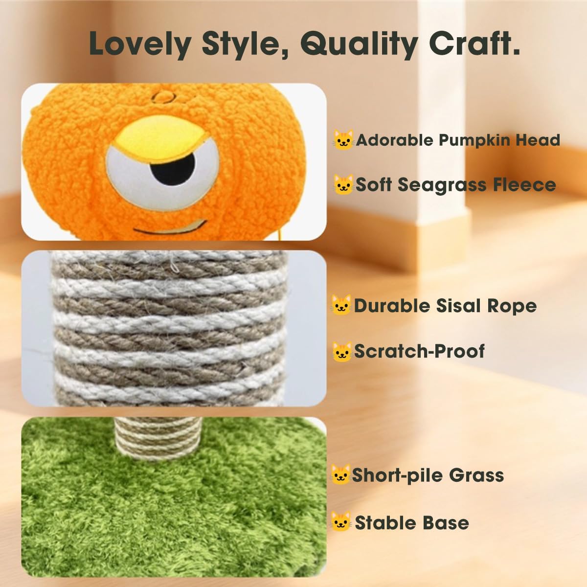Detalle 2 de Pumpkin Cat Scratching Post for Kittens – Soft Velvet Base, Play Ball, 30 × 30 × 60cm