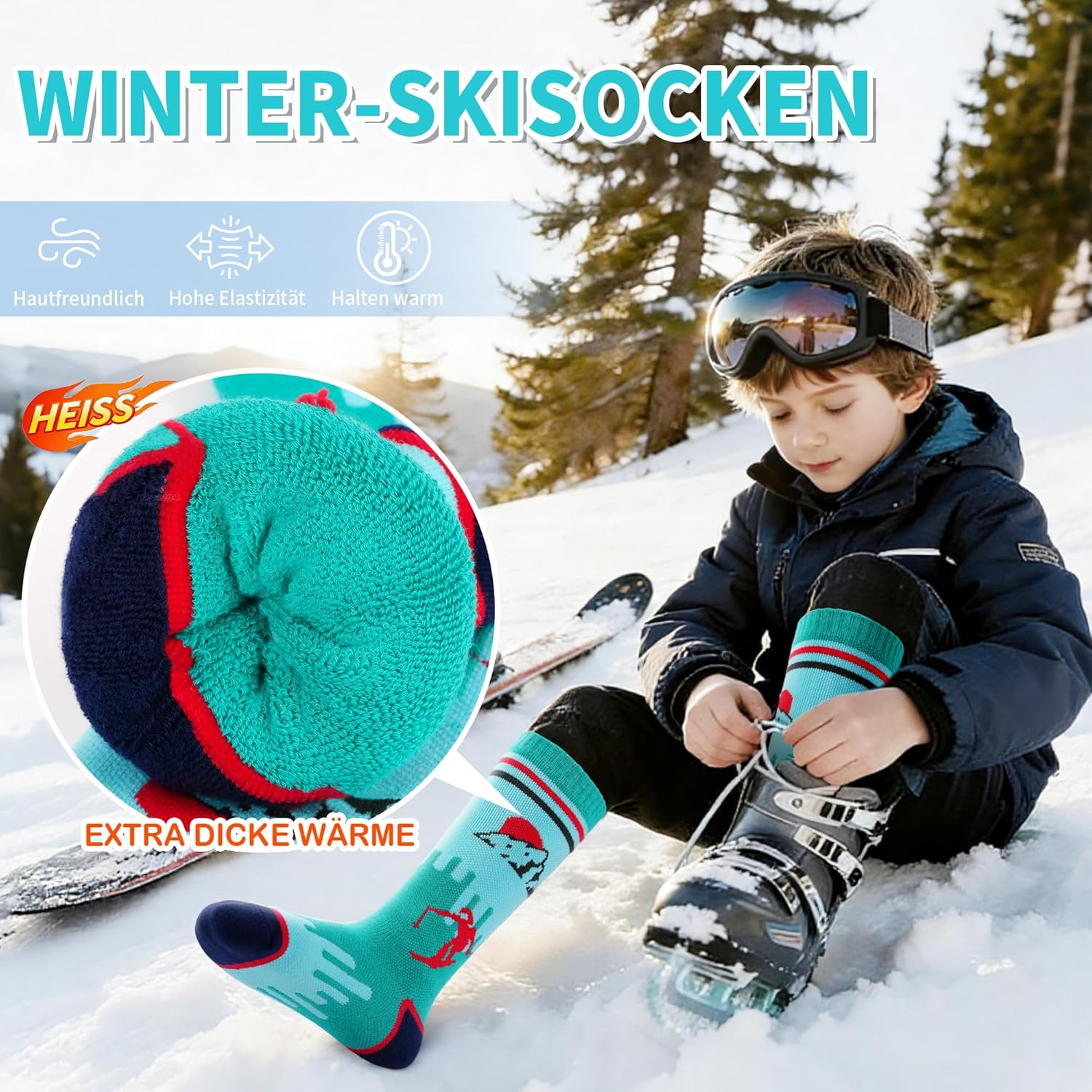 Thumbnail 2 de ELUTONG Kinder Skisocken (2 Paar) für 3–10 Jahre – warme Thermo-Socken mit Sonnenaufgangs- und Schneemannmotiven