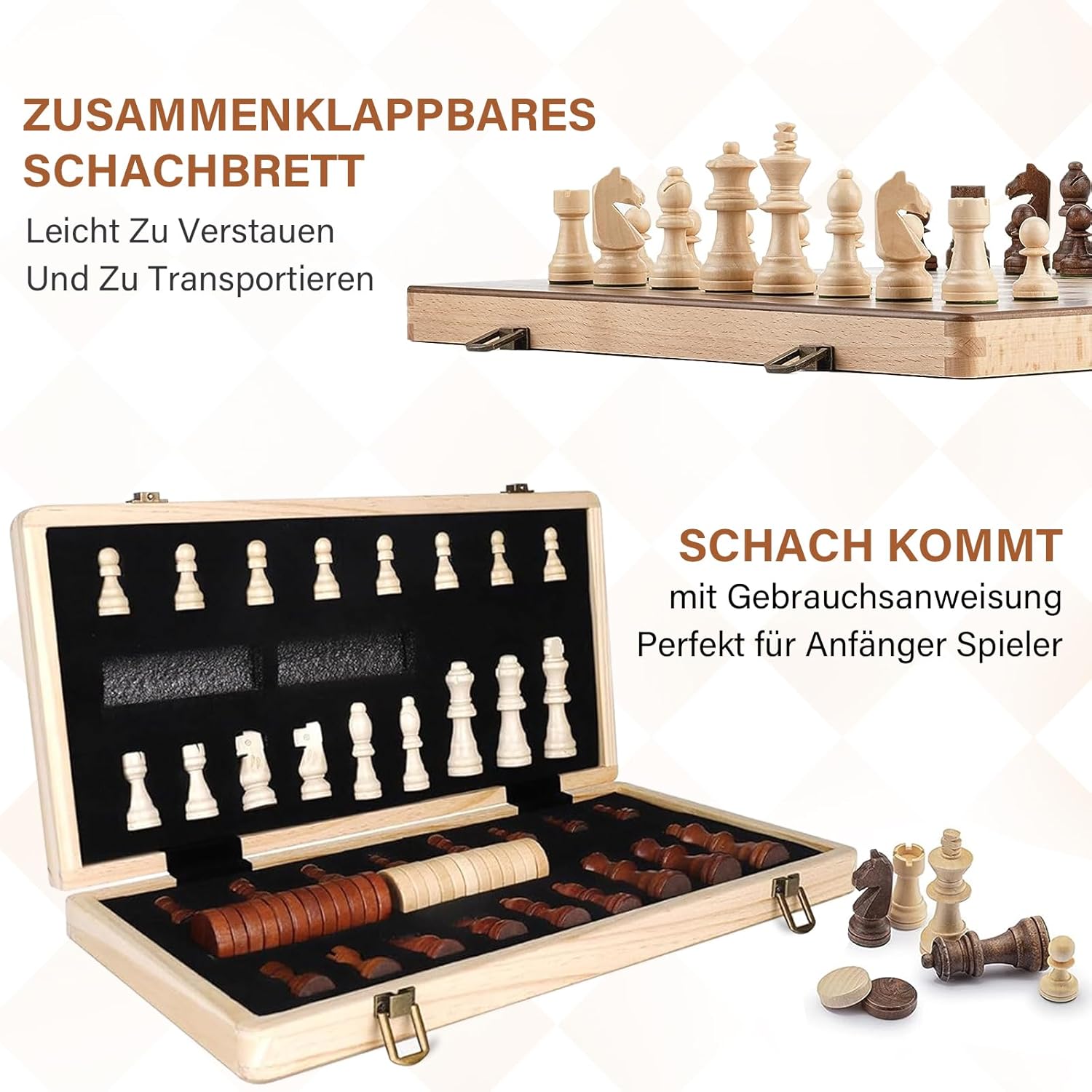 Thumbnail 3 de DYDHRER 39 x 39 cm Schachspiel 2‑in‑1 (Klappbrett, magnetisch) – Reise-Schach & Dame
