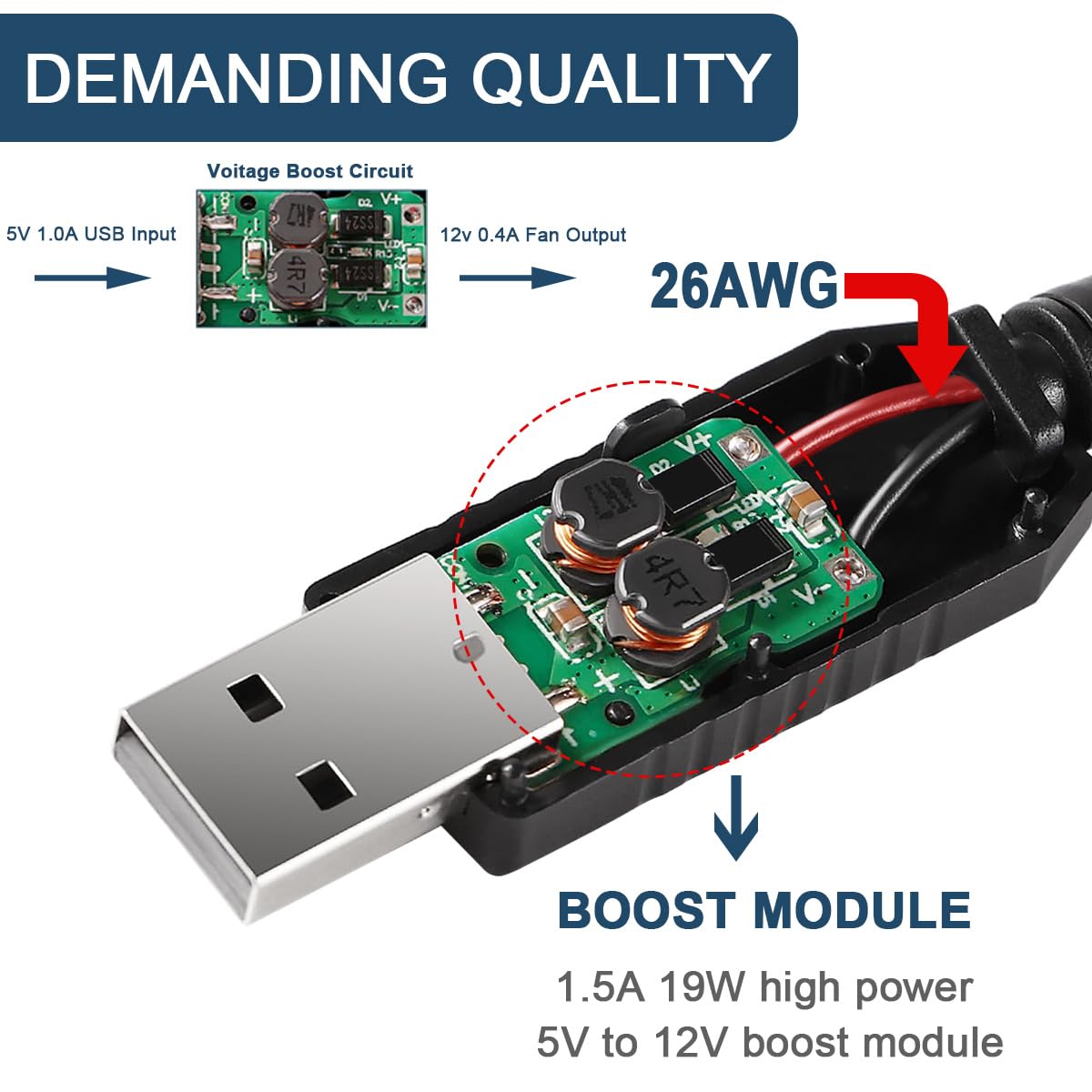 Thumbnail 2 de DAOKAI USB to 3/4 Pin PWM Fan Power Cable (Boost DC5V to DC12V) with Switch — Plug and Play