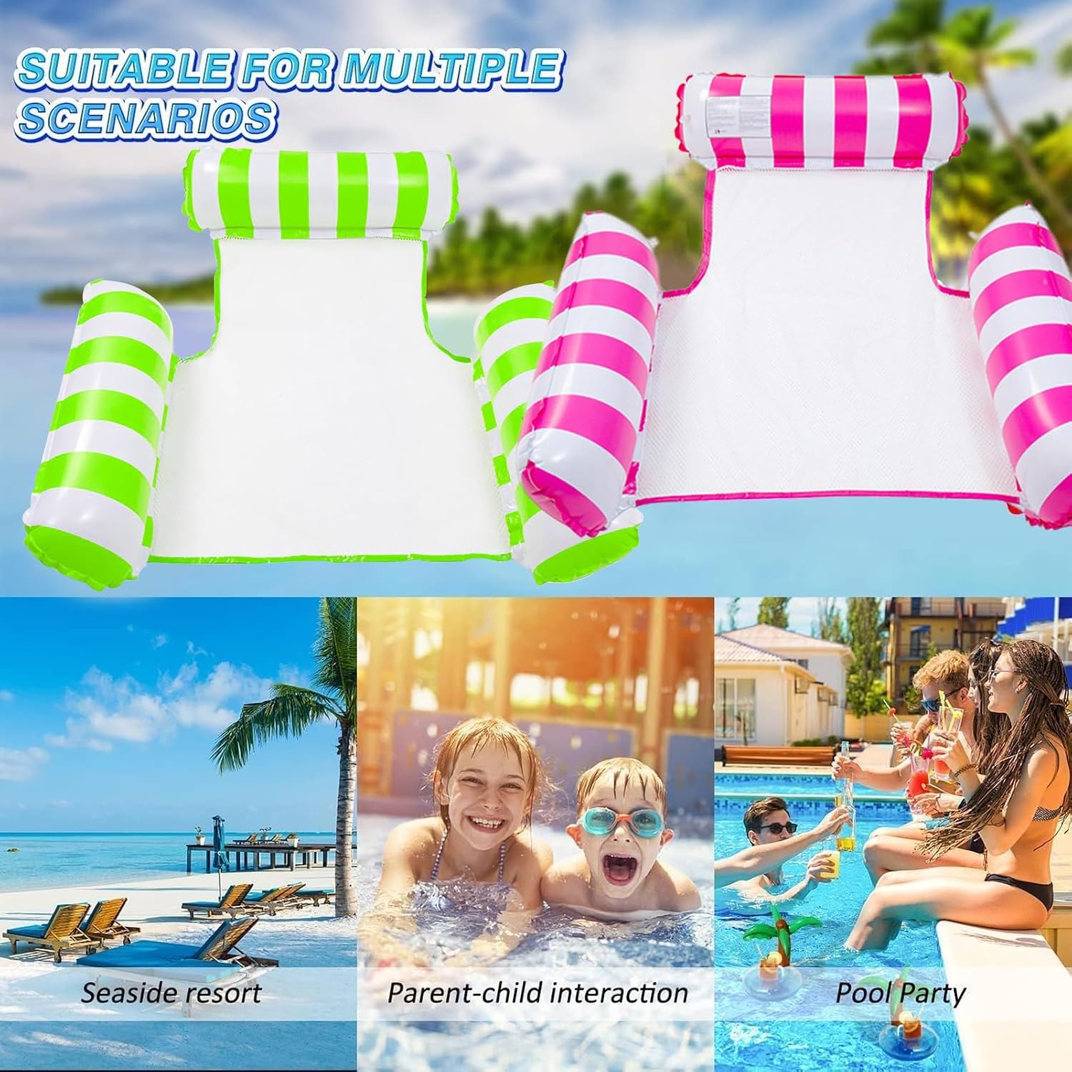 Detalle de Inflatable Pool Float Adults 2 Pack 4-in-1 Water Hammock and Lounge Chair – Pink & Green