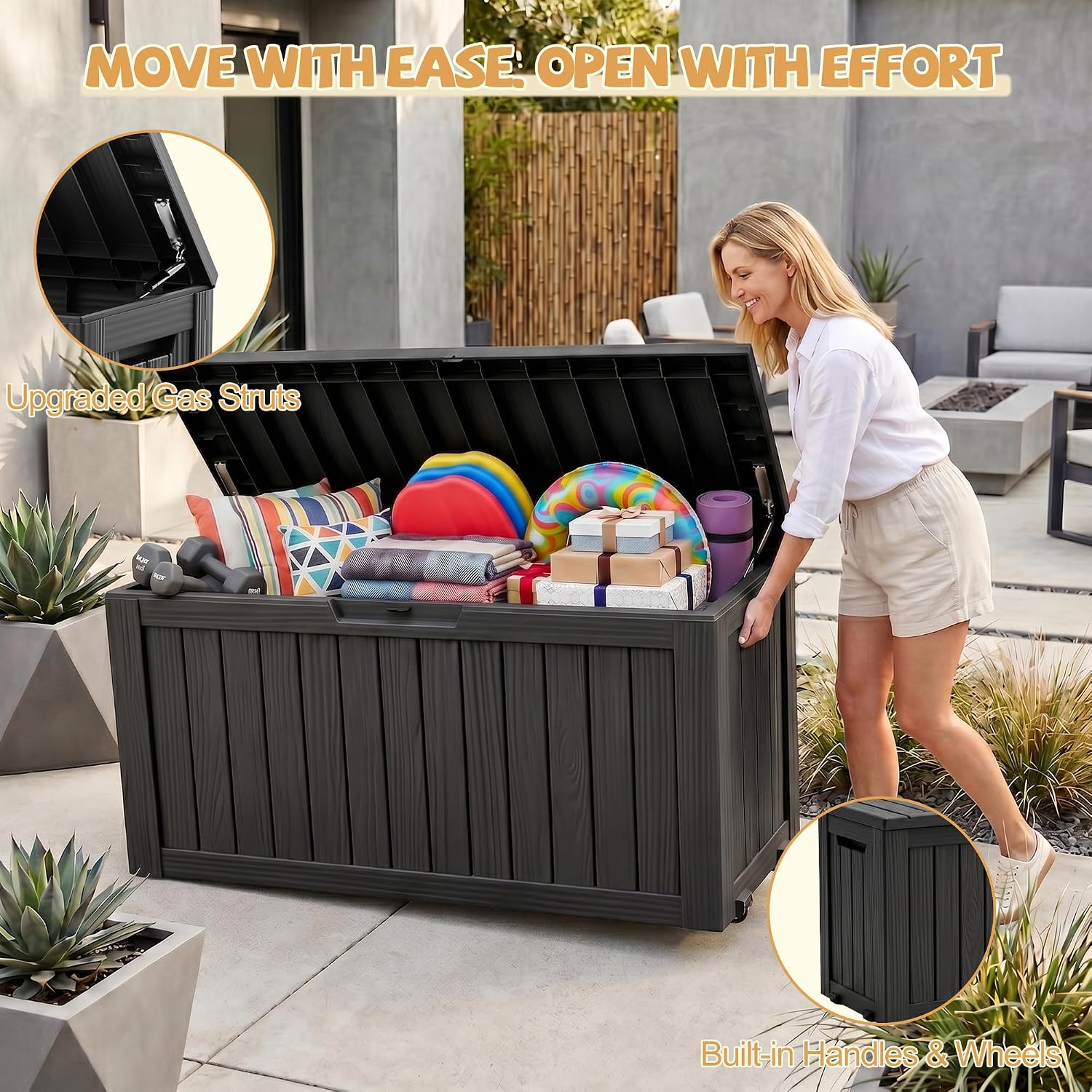 Thumbnail 2 de EFU C109C 175-Gallon Resin Deck Box with Gas Struts, Wheels & UV Protection