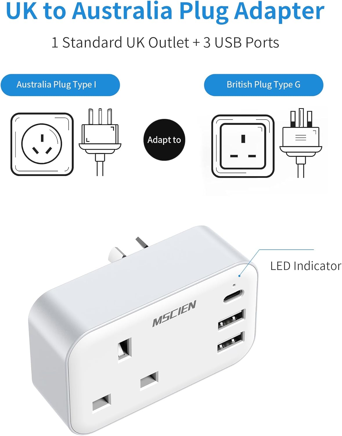 Detalle 2 de UK to Australia Plug Adapter with 3 USB