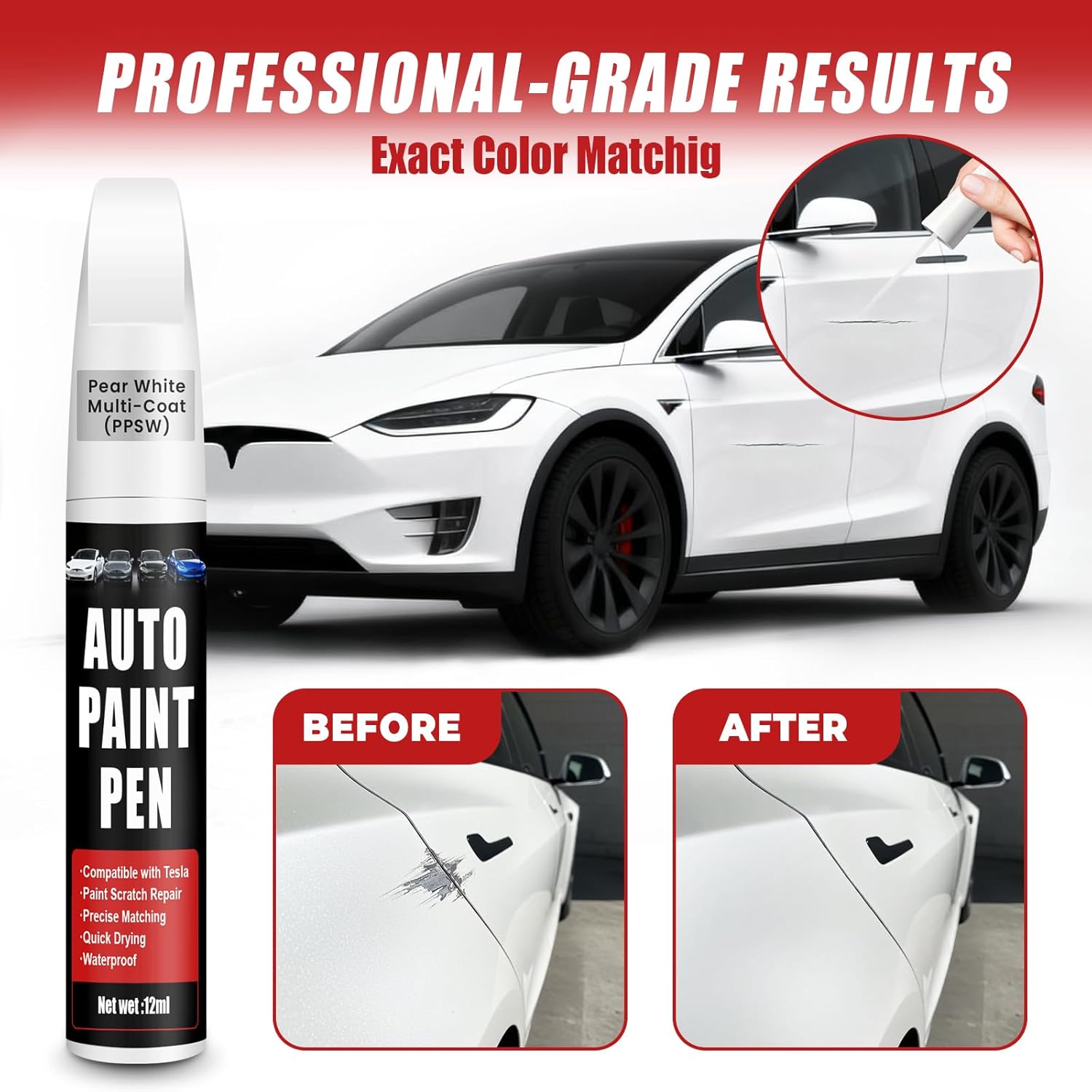 Detalle 2 de Touch Up Paint for Cars (Pearl White Multi-Coat PPSW) 2-in-1 Scratch Repair Pen for Tesla Model Y/3/X/S, 0.4 fl oz
