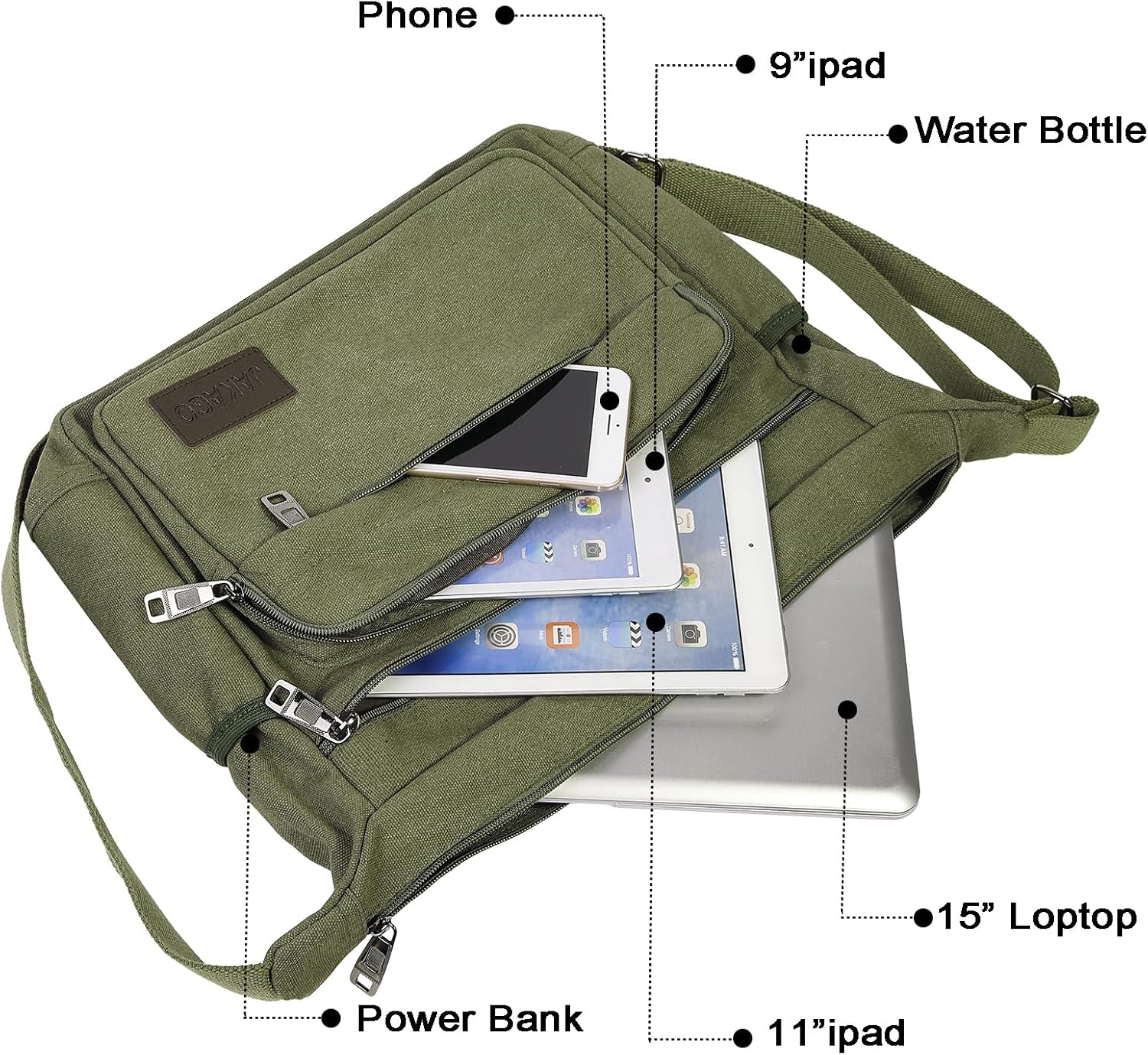 Detalle 2 de JAKAGO Canvas Messenger Bag 15 inch – Waterproof shoulder bag with multiple pockets for school, travel & daily carry