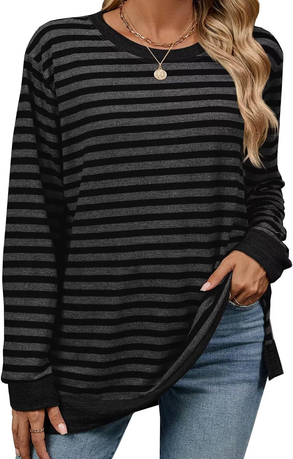 Detalle 2 de WELINCO Women's Long-Sleeve Colour-Block Tunic Top with Side Splits