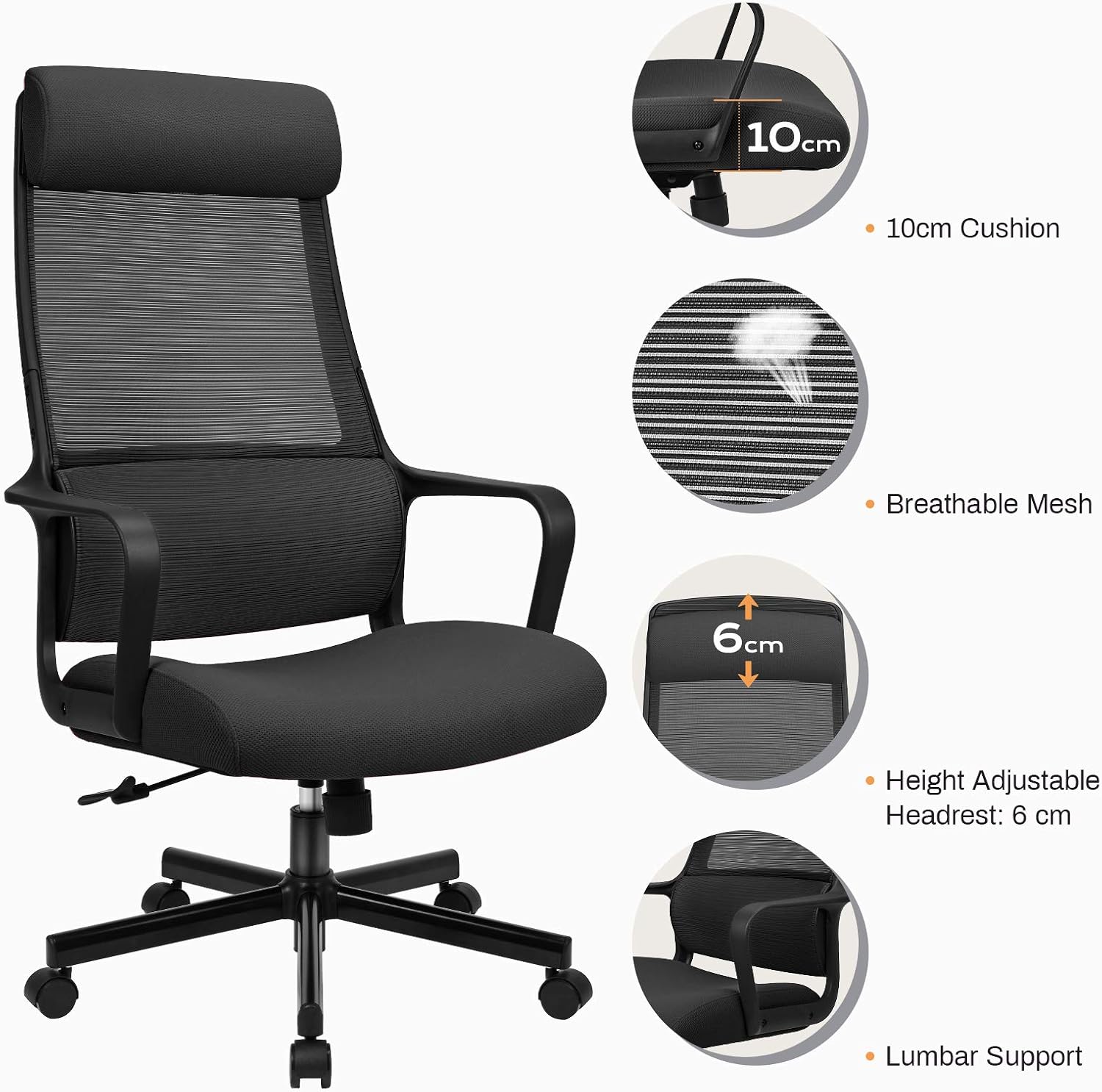 Detalle 2 de MELOKEA Schreibtischstuhl: Ergonomischer Bürostuhl mit verstellbarer Lordosenstütze, Kopfstütze und Hoher Rückenschonung – Schwarz