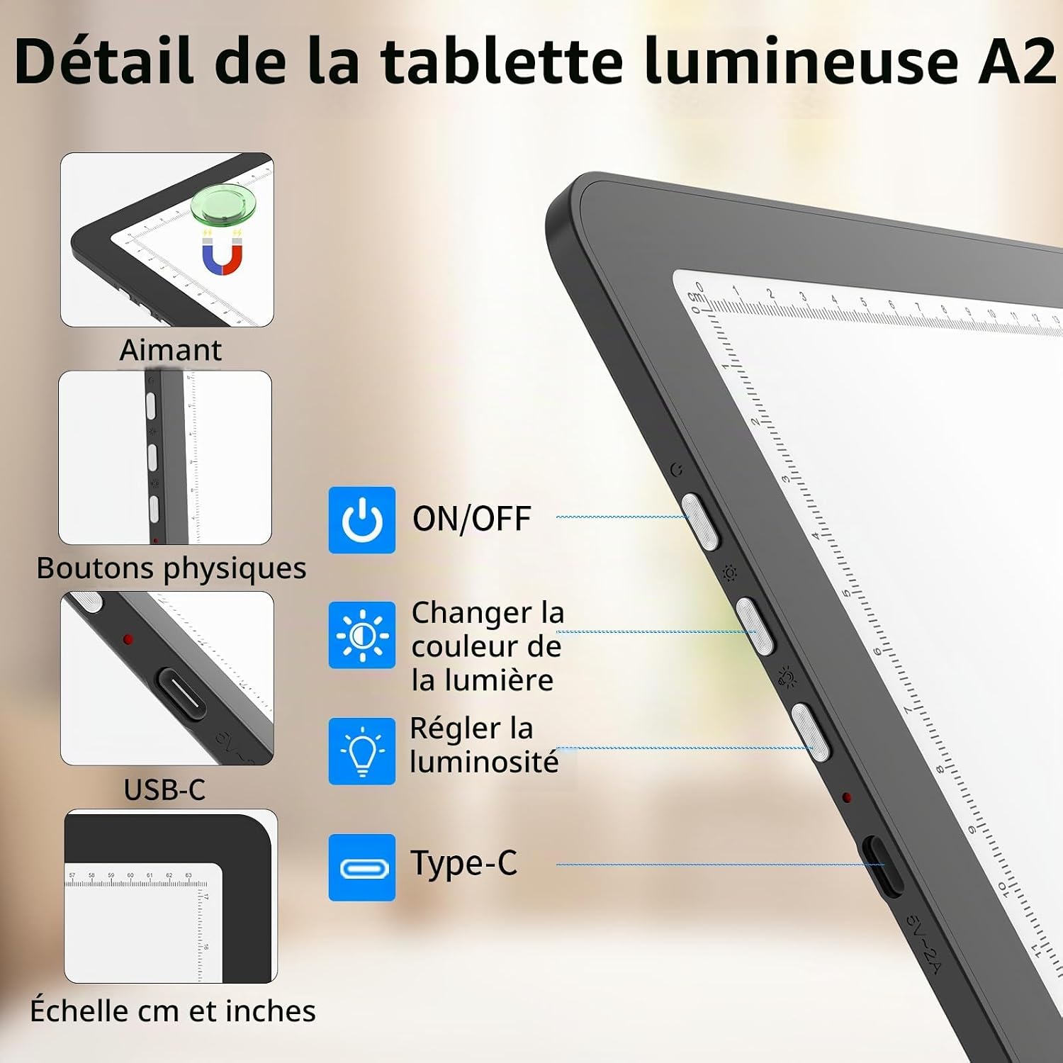 Detalle de TOHETO Magnetische A2-lichttafel voor diamantschilderen met 3 lichtkleuren