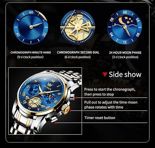 Detalle 1 de OLEVS Men's Two-Tone Stainless Steel Quartz Watch with Moon Phase and Luminous Hands