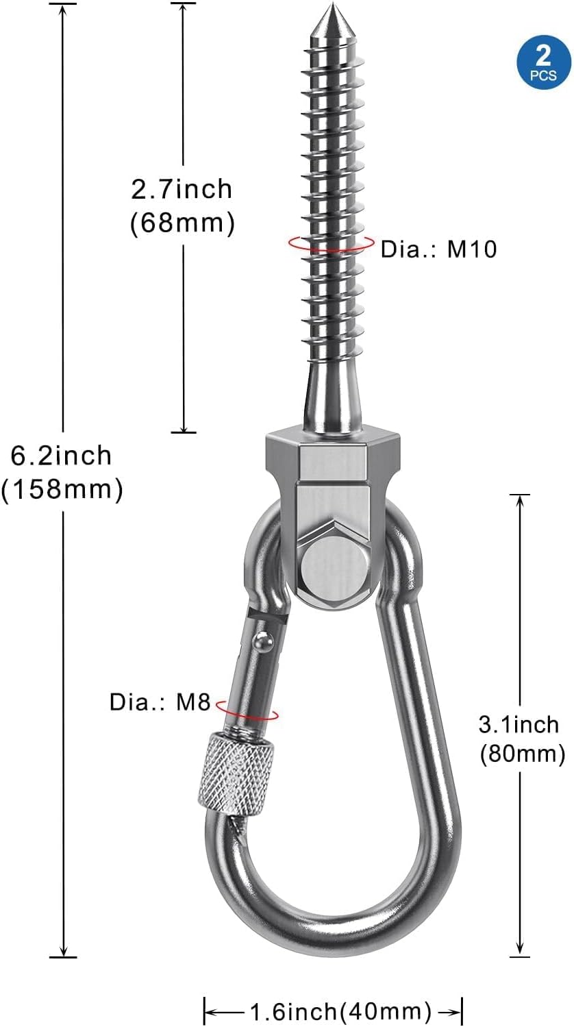 Thumbnail 1 de BeneLabel 2er Schaukelhaken für Holzbalken (M10 x 68 mm) mit Karabiner – Edelstahl, drehbar