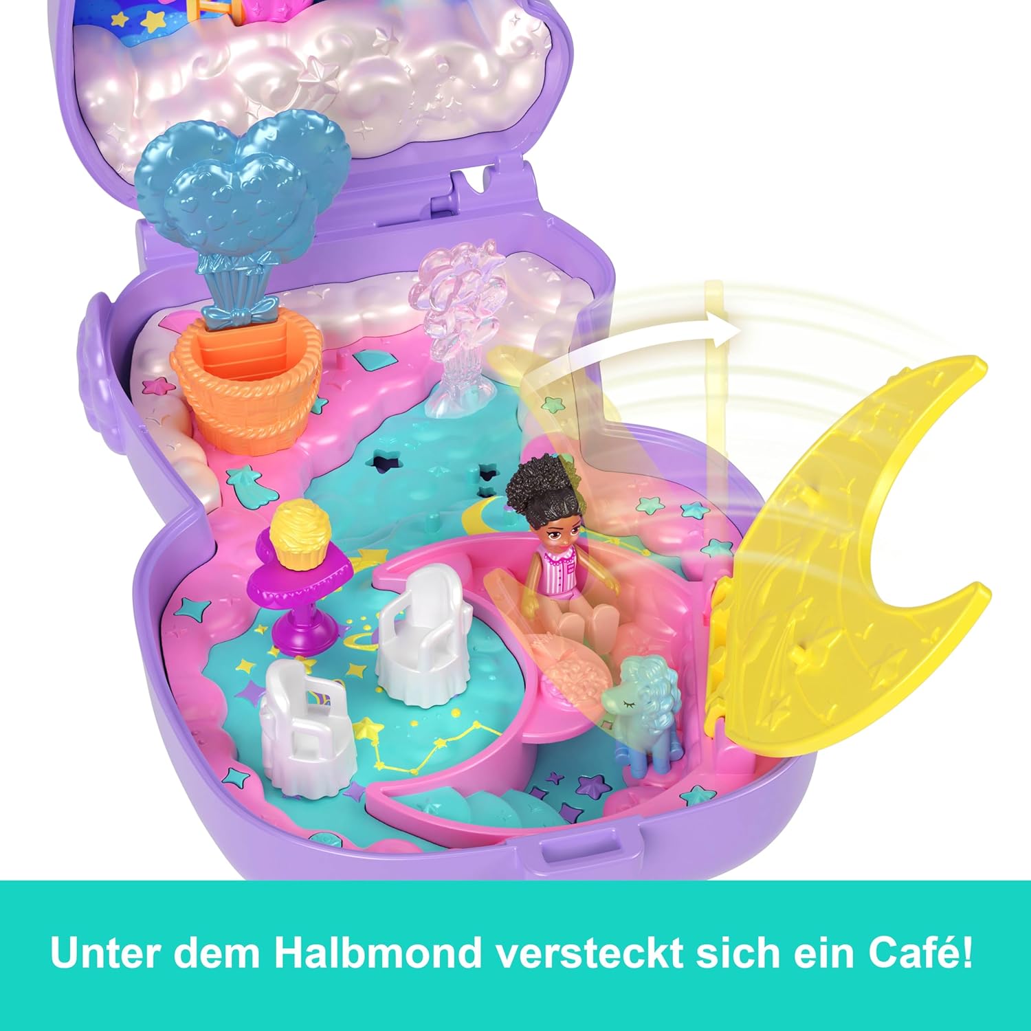 Detalle 2 de Polly Pocket Traumland-Schatulle in Lammform – Reisespielzeug mit Minipuppe und Einhorn