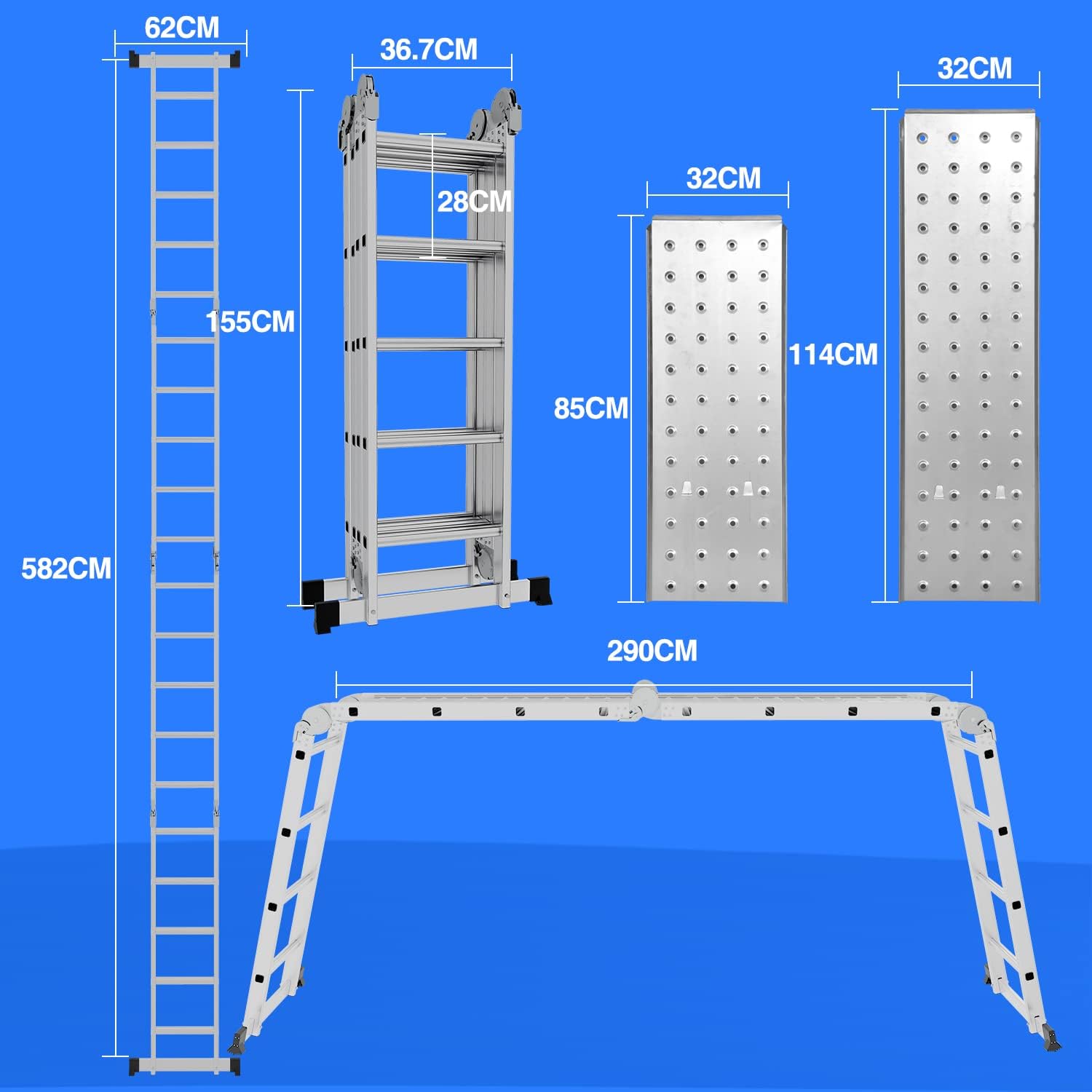 Detalle de Yakimz Scala multifunzione 7 in 1 da 5,82 m in alluminio: scala pieghevole con 4×5 gradini, 2 piattaforme e 2 ruote