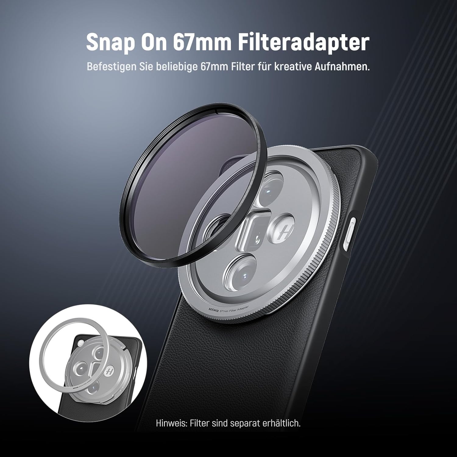 Thumbnail 3 de NEEWER Handy-Schutzhülle für Oppo Find X8 Ultra (TPU/PC Kunstleder), inkl. 17-mm Objektivhalterungen & 67-mm Filteradapter – Schwarz/Silber