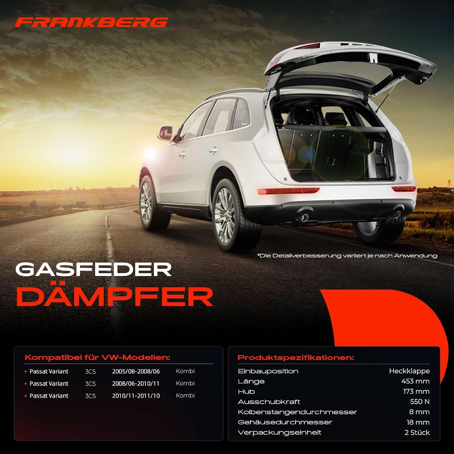 Detalle de Frankberg 3C9827550A gasfjädrar till baklucka, 2-pack för Passat Variant 3C5