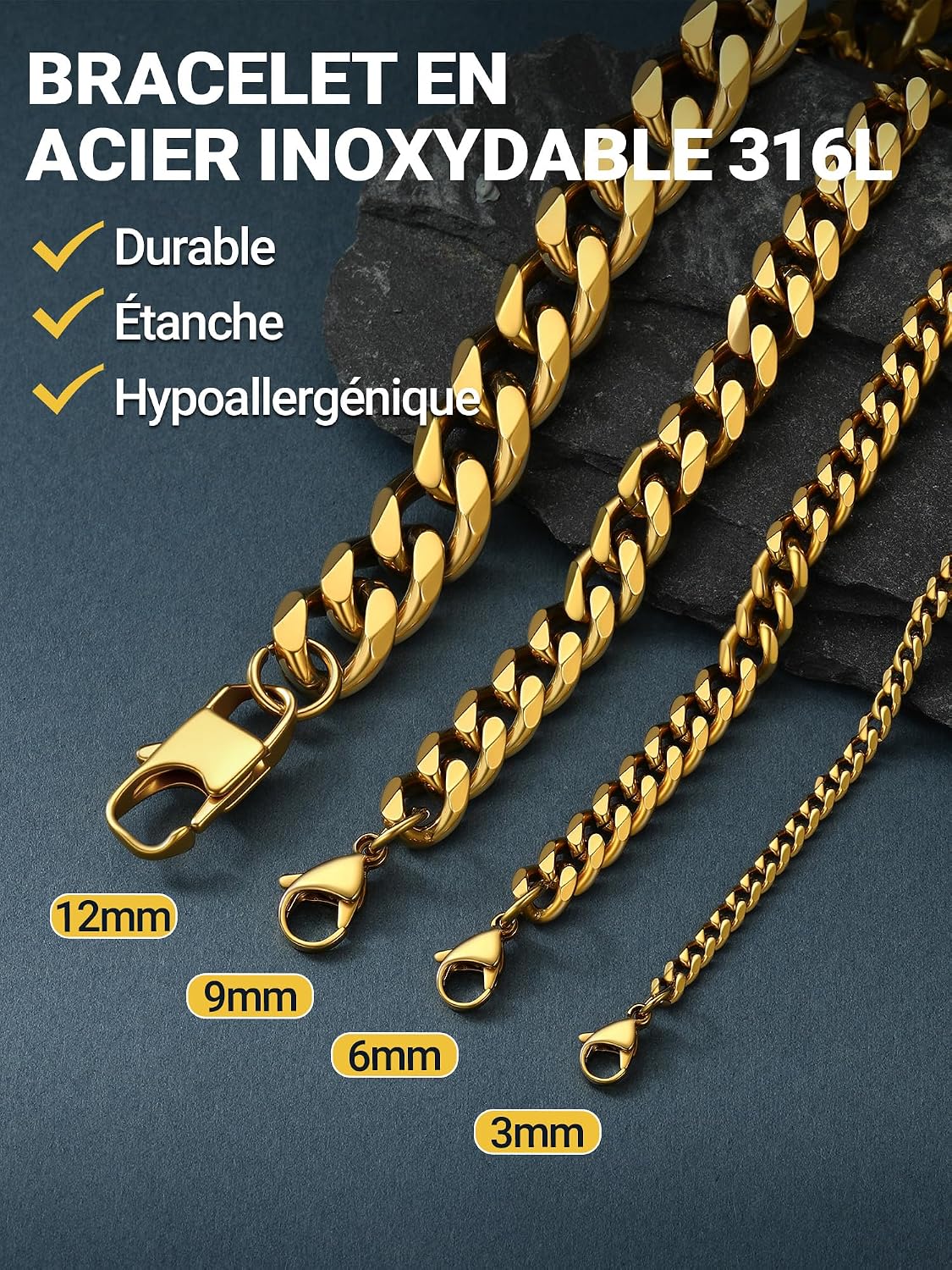 Thumbnail 5 de PROSTEEL Gourmette maillons cubains en acier inox 316L (ou plaqué or/noir) 3 mm à 12 mm – bracelet chaîne homme & femme