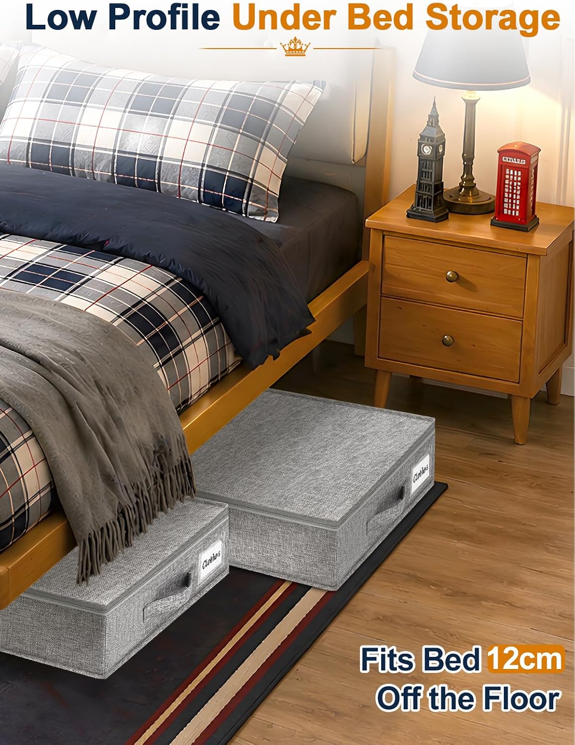 Thumbnail 1 de Huquter 40L Under-Bed & Sofa Storage Boxes (2 Pack) – 12cm Tall, Slim, with Zipped Lids