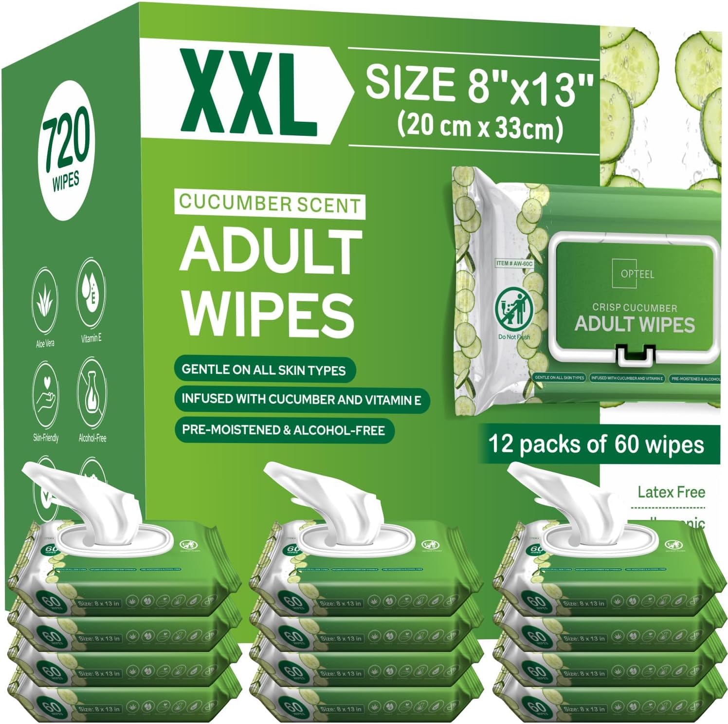Detalle de OPTEEL AW-720C Extra-Large Adult Wipes, 8 x 13 in, No-Rinse, Cucumber Scent