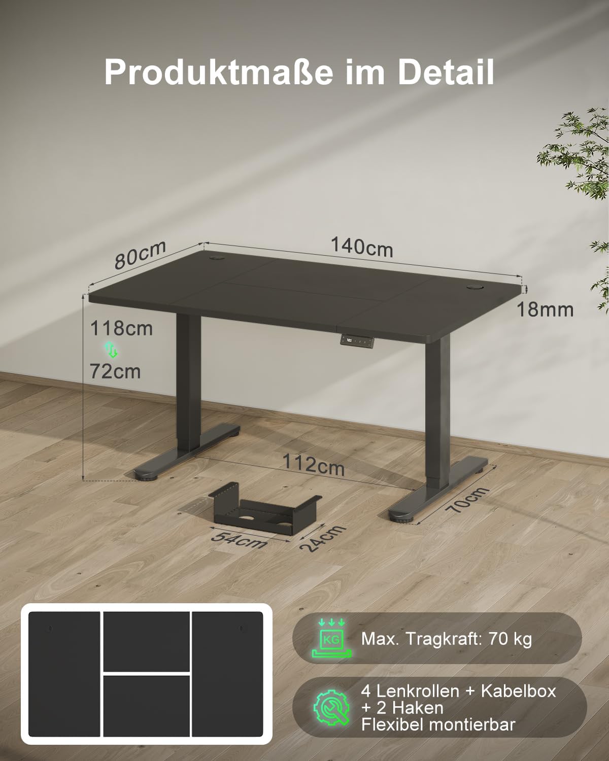 Detalle 2 de Devoko Höhenverstellbarer Schreibtisch 140x80 cm – elektrisch höhenverstellbar mit Typ-C Ladeanschluss, Kabelmanagement und Mobilität