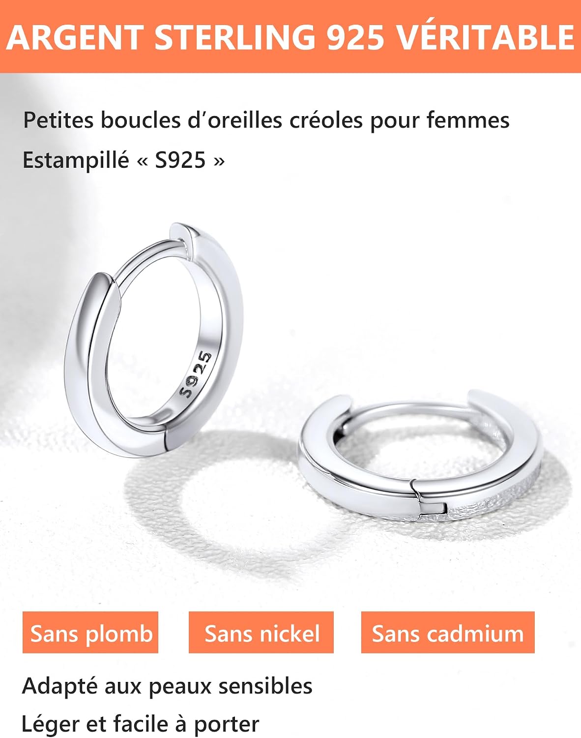 Detalle de Silvora Petit Créole en Argent 925 Massif – Boucles d’Oreilles Anneau 6–20 mm, Argent/Noir/Plaqué Or/Rose