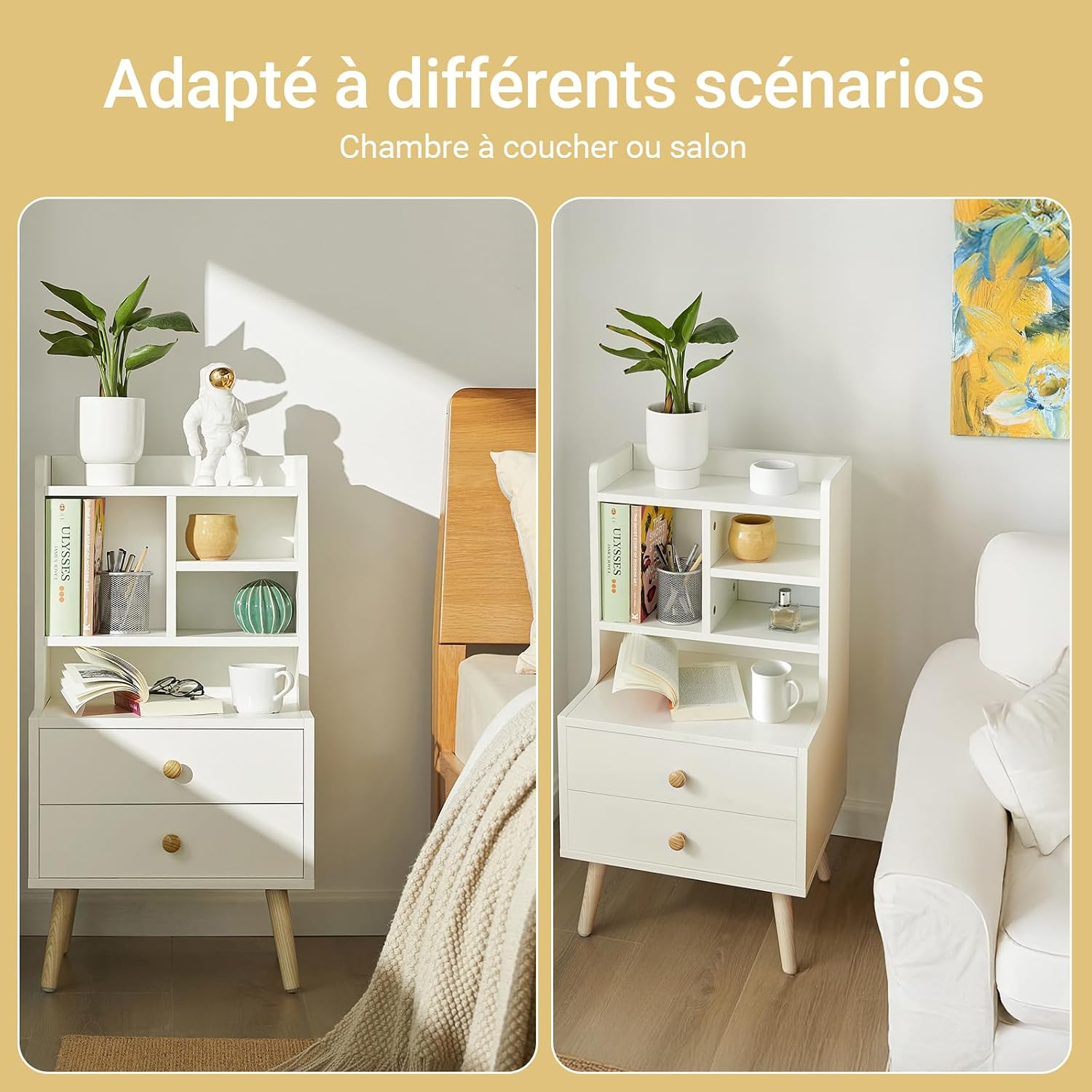 Detalle 2 de SoBuy Table de Nuit Moderne FBT100-W avec Tiroirs et Étagères Ouvertes – Chevet en bois de pin blanc
