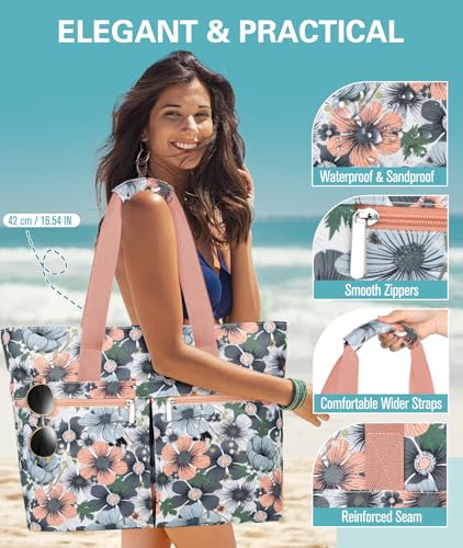 Detalle 2 de ENONEO Bolsa de Playa para Mujer Grande XXL con Cremallera y Compartimentos – Gris/Rosa