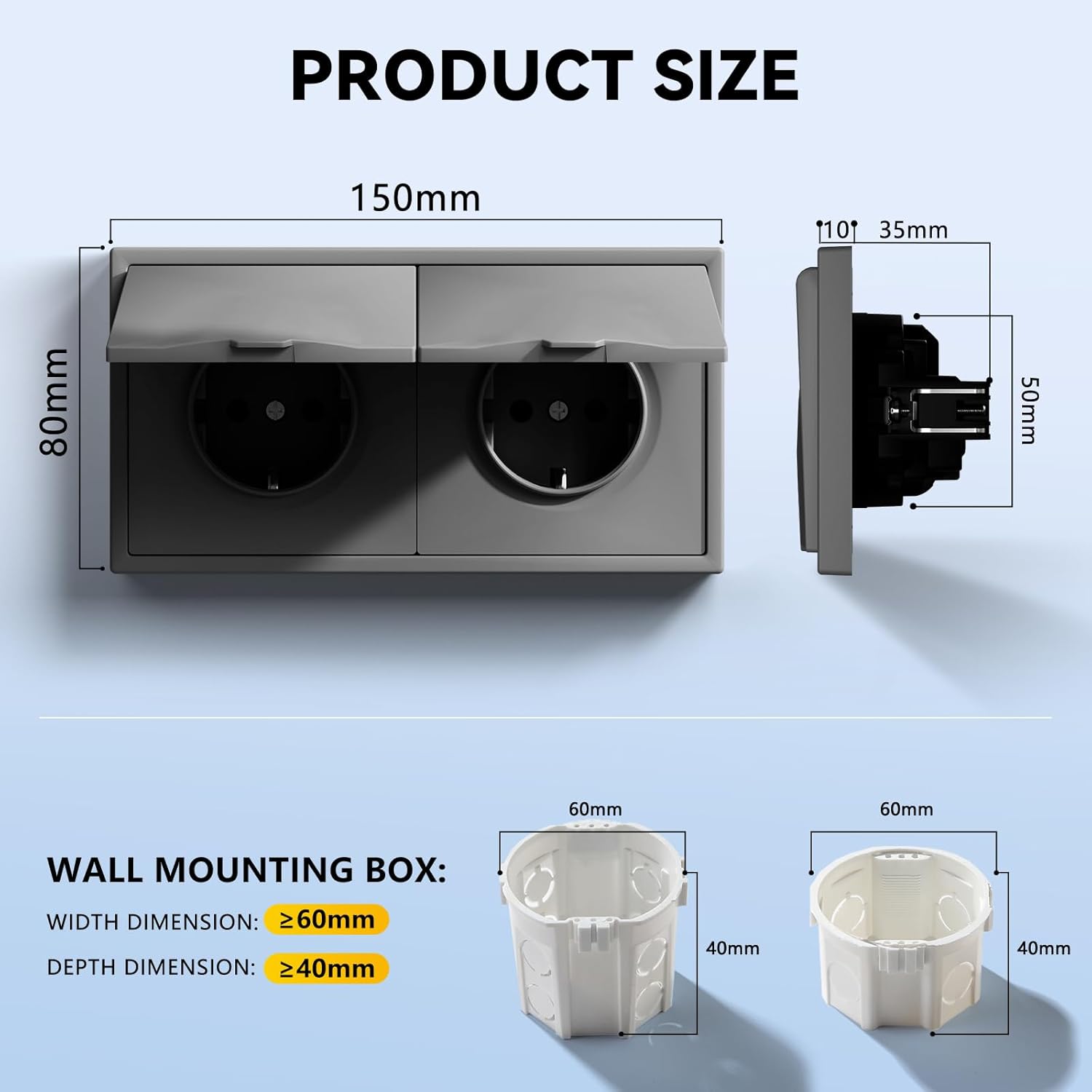 Thumbnail 1 de BSEEDLIFE Schuko-Steckdose mit wasserdichter Abdeckung – Unterputz-Doppelsteckdose, 16A, PC-Rahmen, 80 x 150 mm, Grau