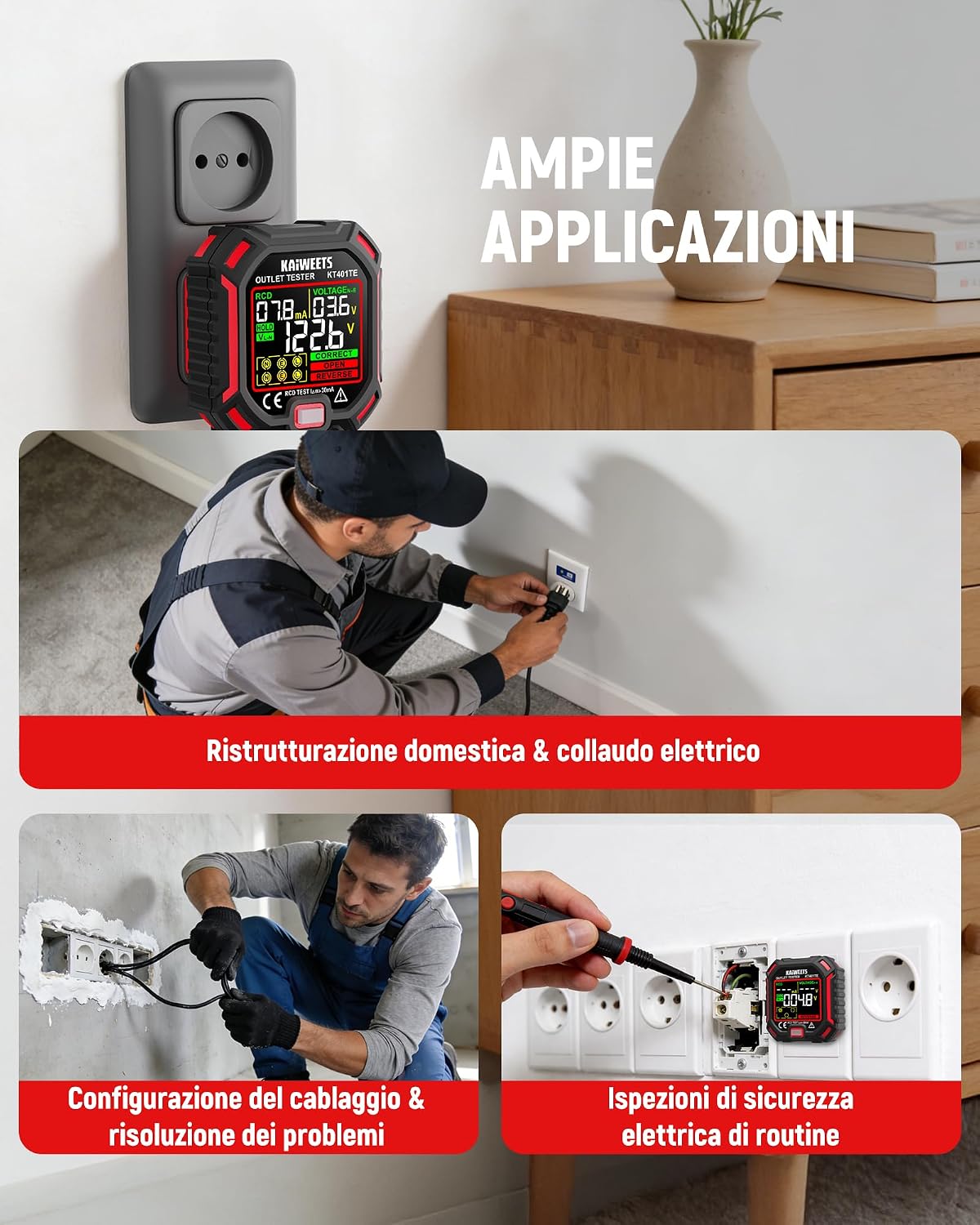 Detalle 2 de KAIWEETS Tester per prese 7-in-1 con test RCD e display LCD a colori, misurazione tensione e dispersione, 200–250 V, CAT II 300 V