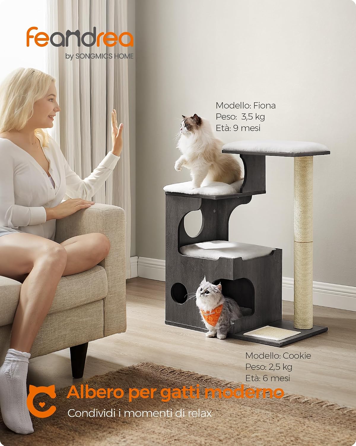 Detalle 2 de Feandrea Tiragraffi, Albero per Gatti di Truciolato Alto 86 cm con Grotta, Postiovaie e Collone in Sisal – Grigio Nebbia