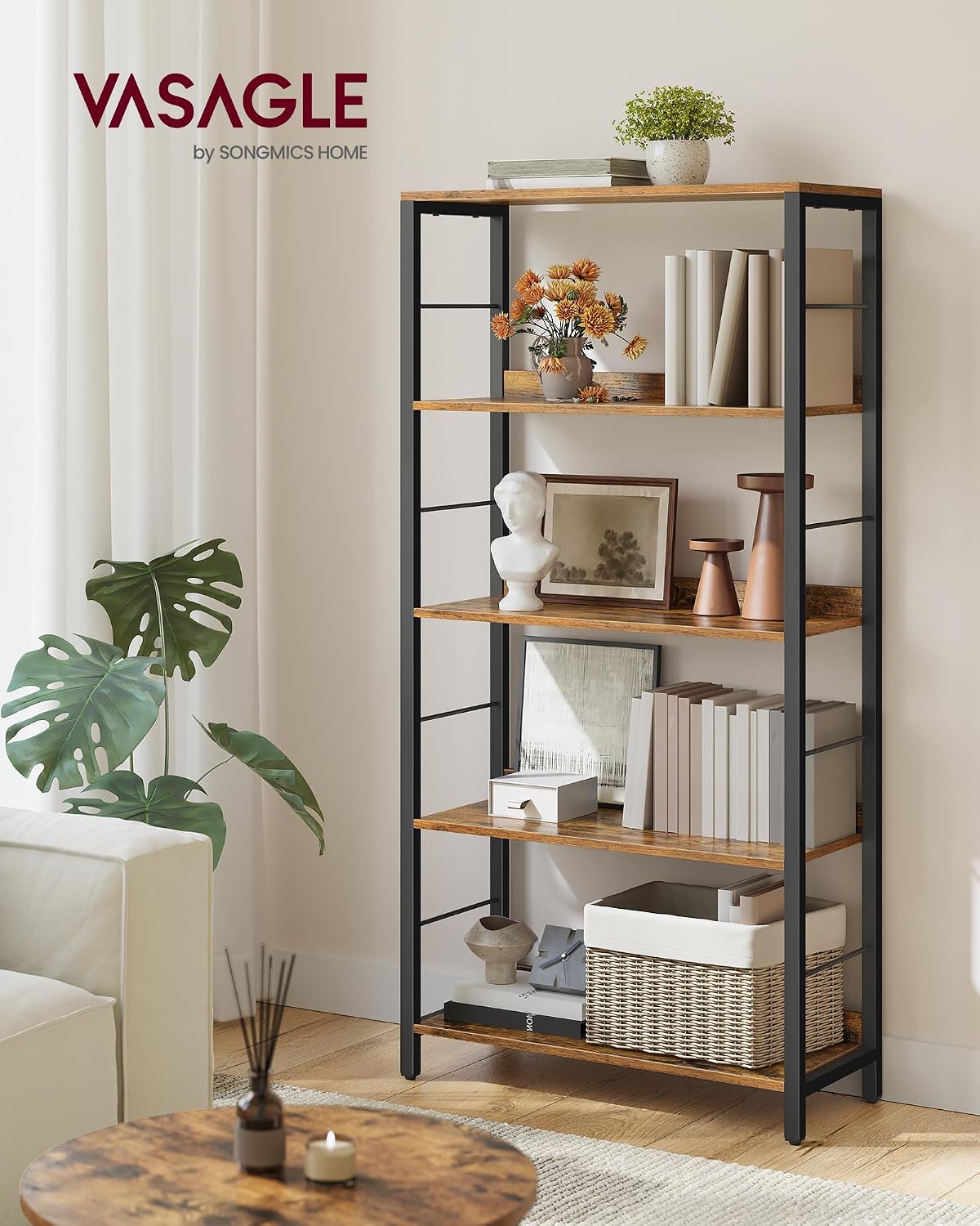 Detalle de VASAGLE BARNET LLS117B01 5-Tier Bookcase with Back Panels, 60 x 30 x 144 cm