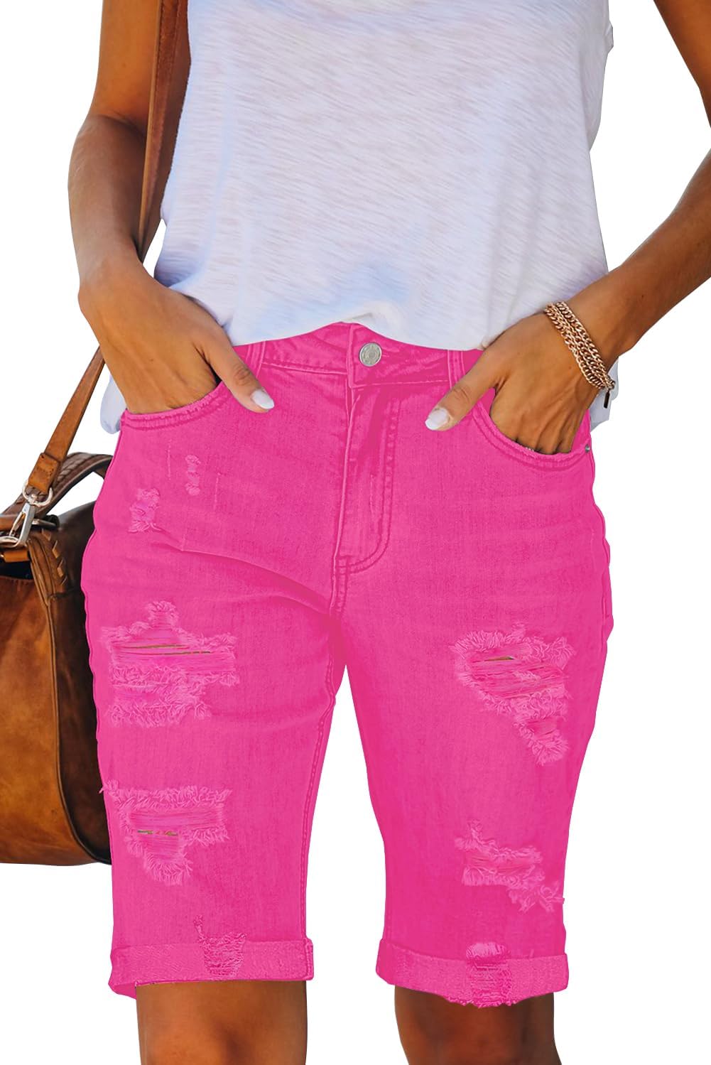 Thumbnail 6 de Necooer Damen Sommer Denim Shorts – Loose Fit, Zerrissene Jeans mit aufgerolltem Saum (S, 09-Blau)