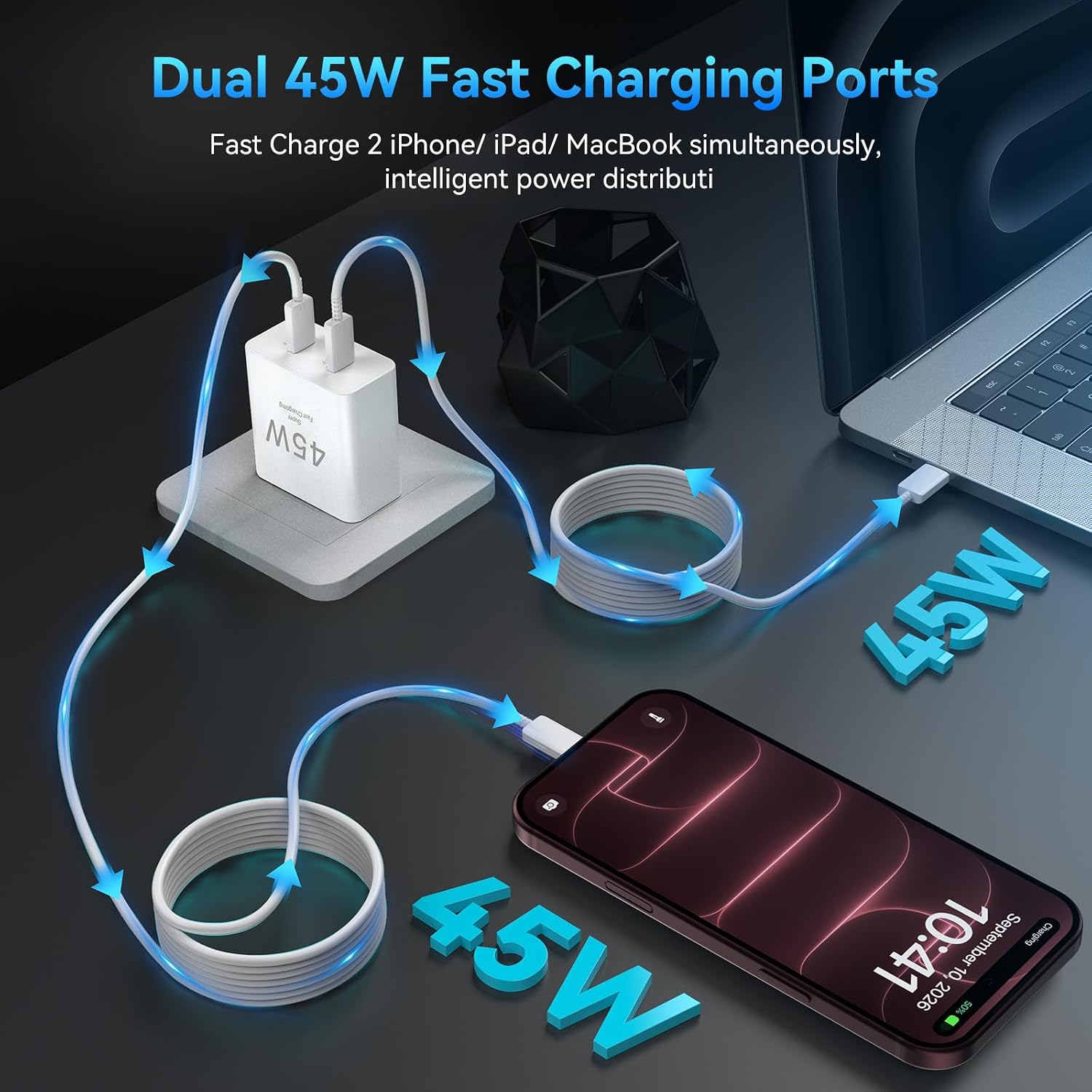 Detalle de Auorld 45W USB-C iPhone Fast Charger (Dual Port) with Long 10 ft USB-C Cable