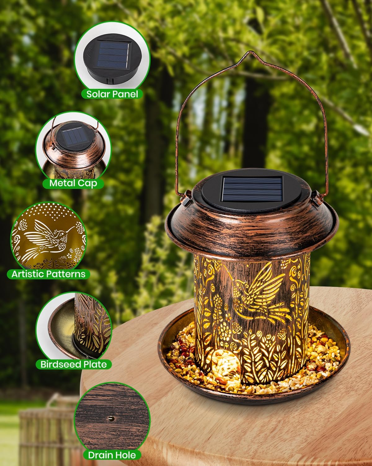 Thumbnail 3 de LEKIA Solar Lantern Bird Feeder for Outside – Hummingbird Themed Warm Light Garden Decor